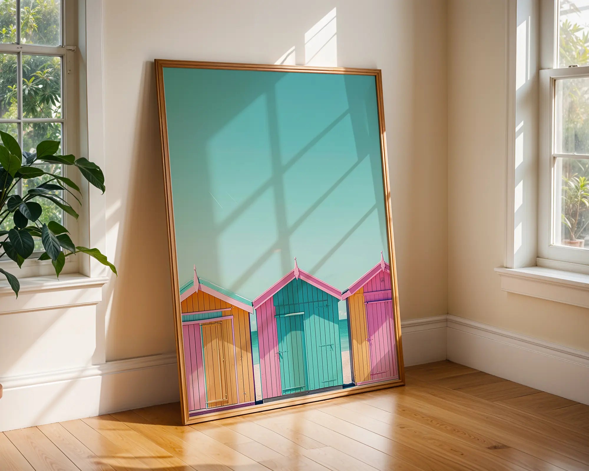 Colourful Prints | Pastel Beach Huts Print | Retro Coastal Art Poster wall art print, modern home decor, unframed artwork by Nomad & Nest