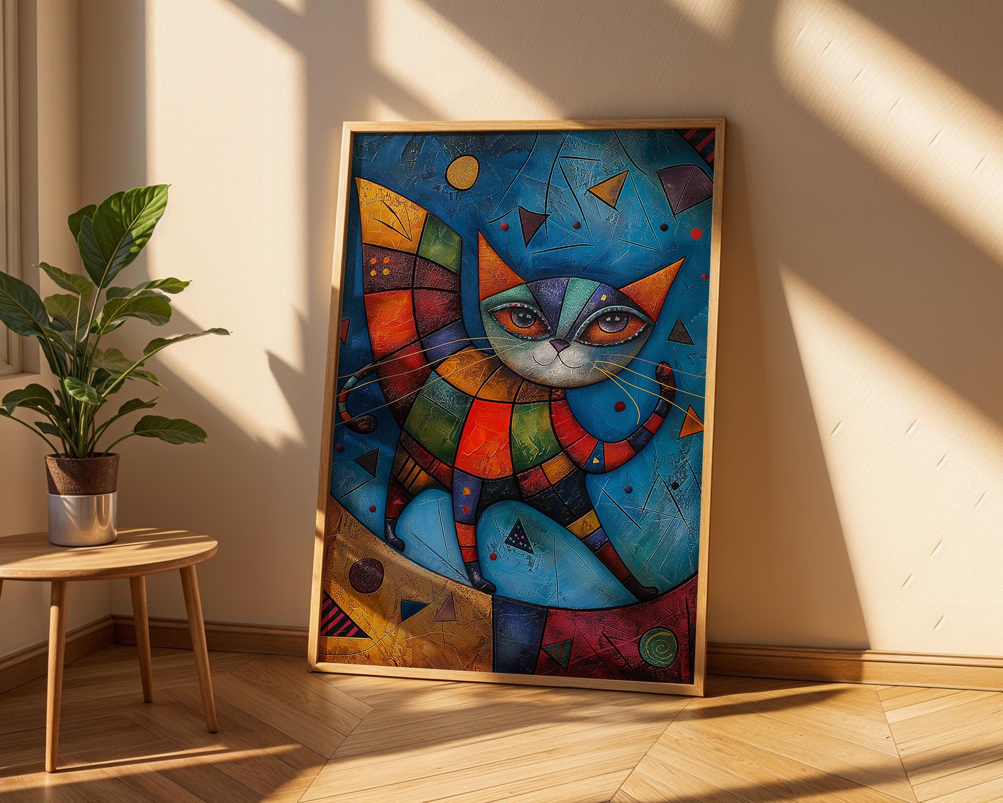 Abstract Cat Art Print | Colourful Geometric Feline Home Decor wall art print, modern home decor, unframed artwork by Nomad & Nest
