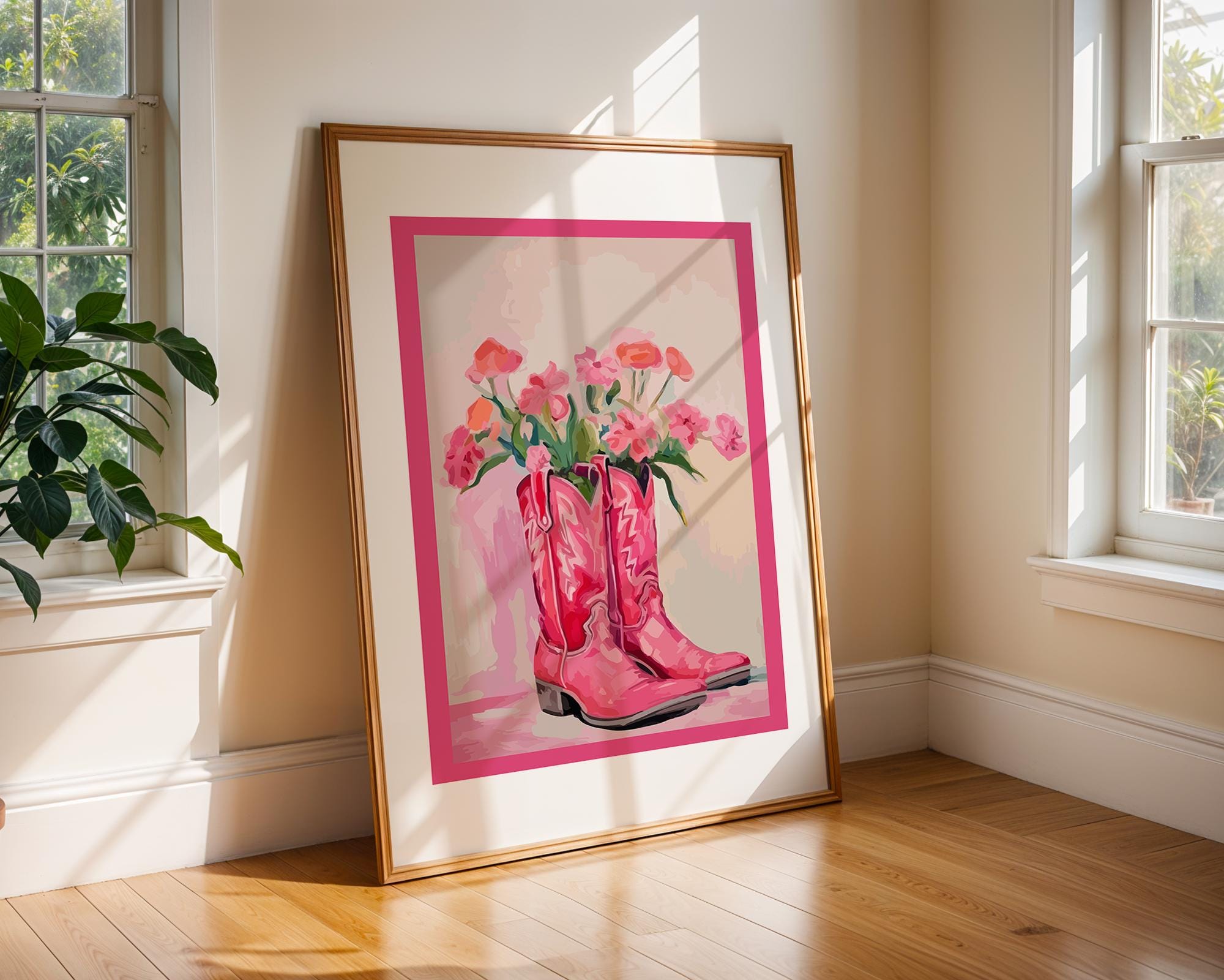 Pink Cowboy Boots Floral Print | Retro Western Wall Art wall art print, modern home decor, unframed artwork by Nomad & Nest