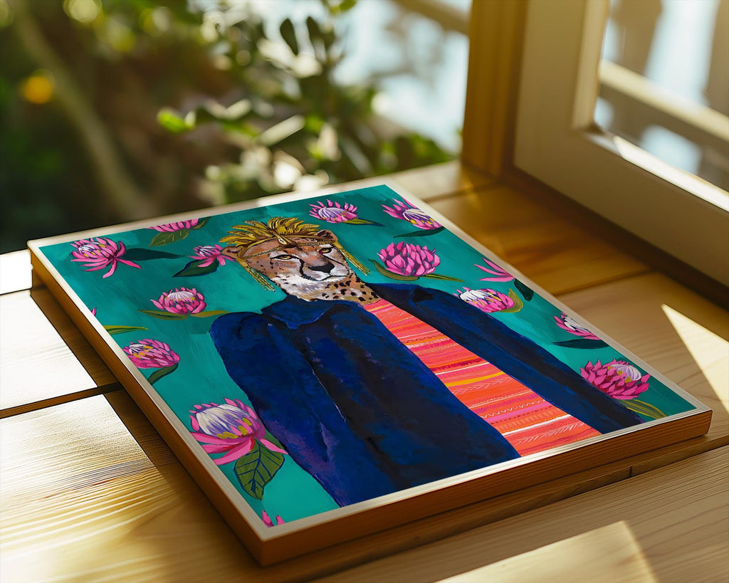 Cheetah Portrait Art Print | Maximalist Animal, Tropical Flowers wall art print, modern home decor, unframed artwork by Nomad & Nest