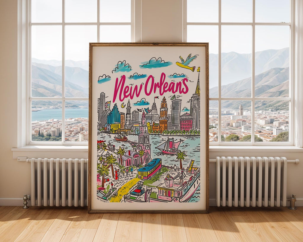 New Orleans Cityscape Art Print | Colorful Travel Poster wall art print, modern home decor, unframed artwork by Nomad & Nest