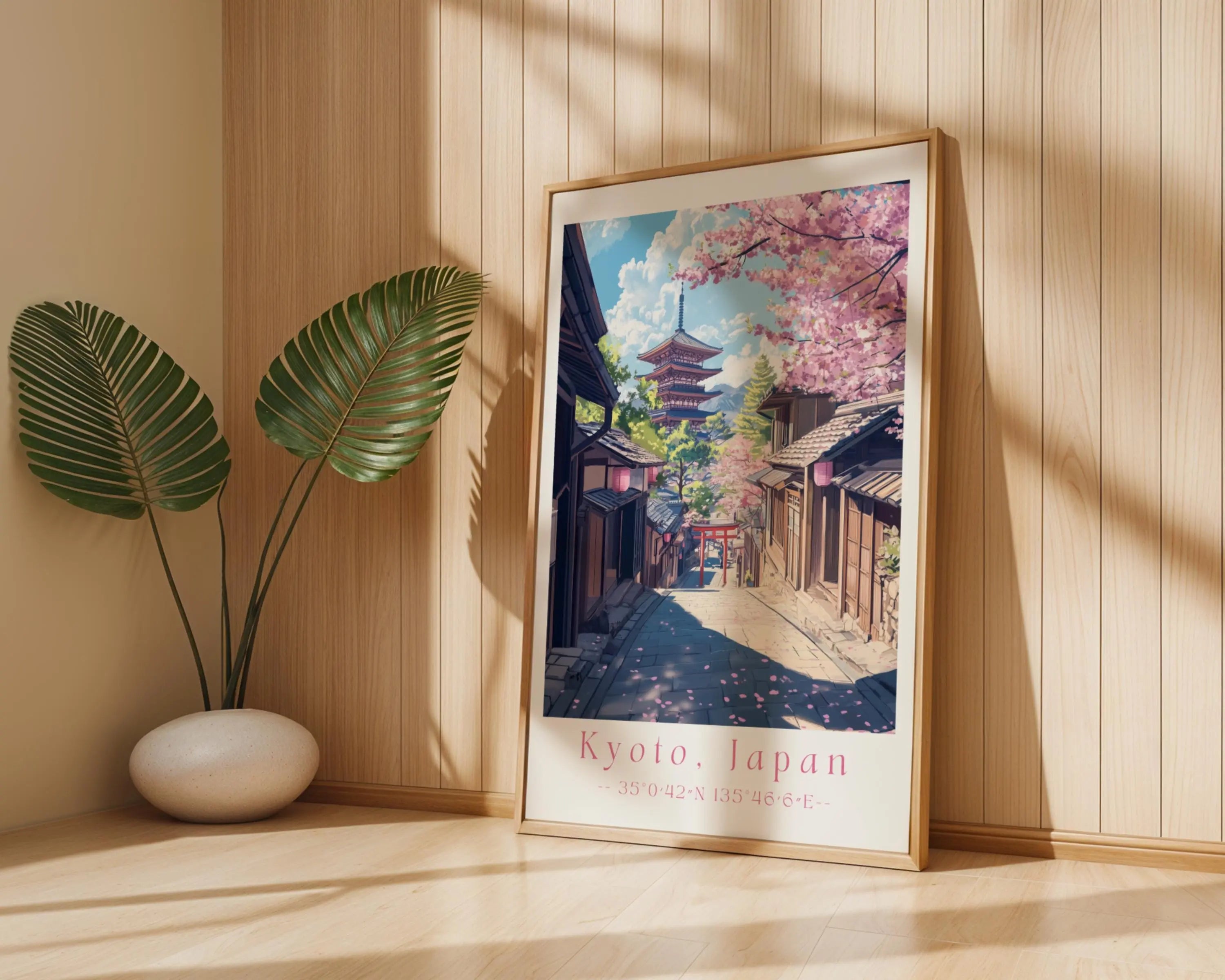 Kyoto Japan Print – Cherry Blossom, Temple Street Scene wall art print, modern home decor, unframed artwork by Nomad & Nest