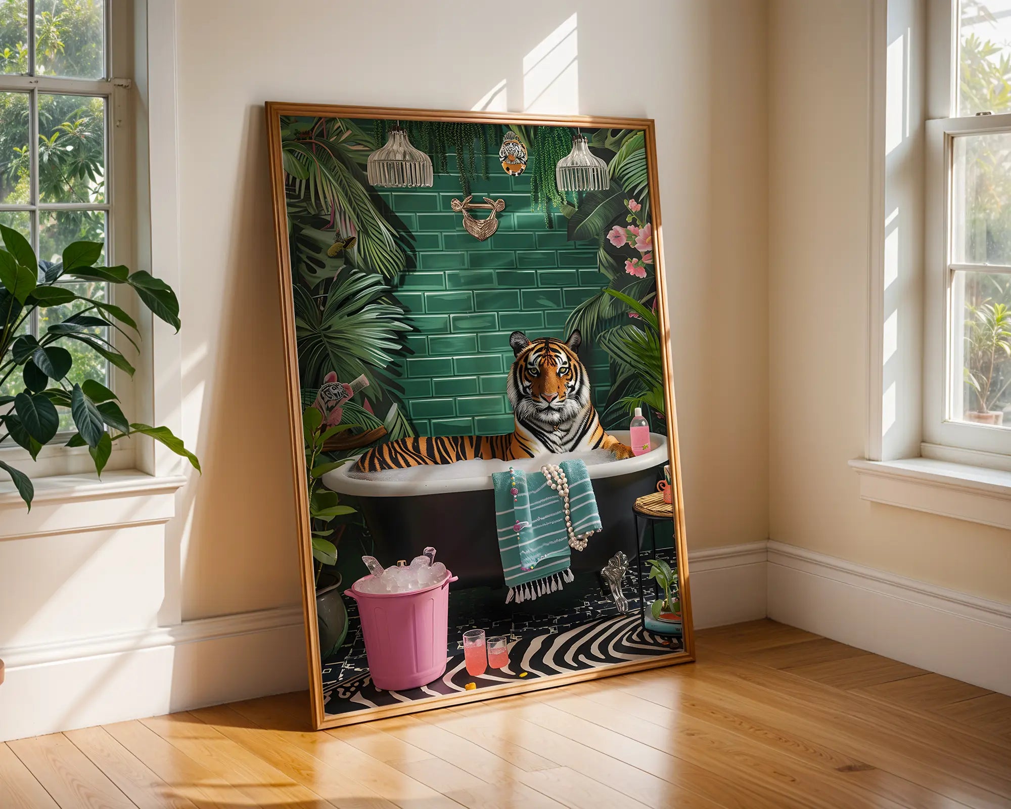 Colourful Prints | Tiger in Bathtub Art Print | Jungle Bathroom Poster wall art print, modern home decor, unframed artwork by Nomad & Nest