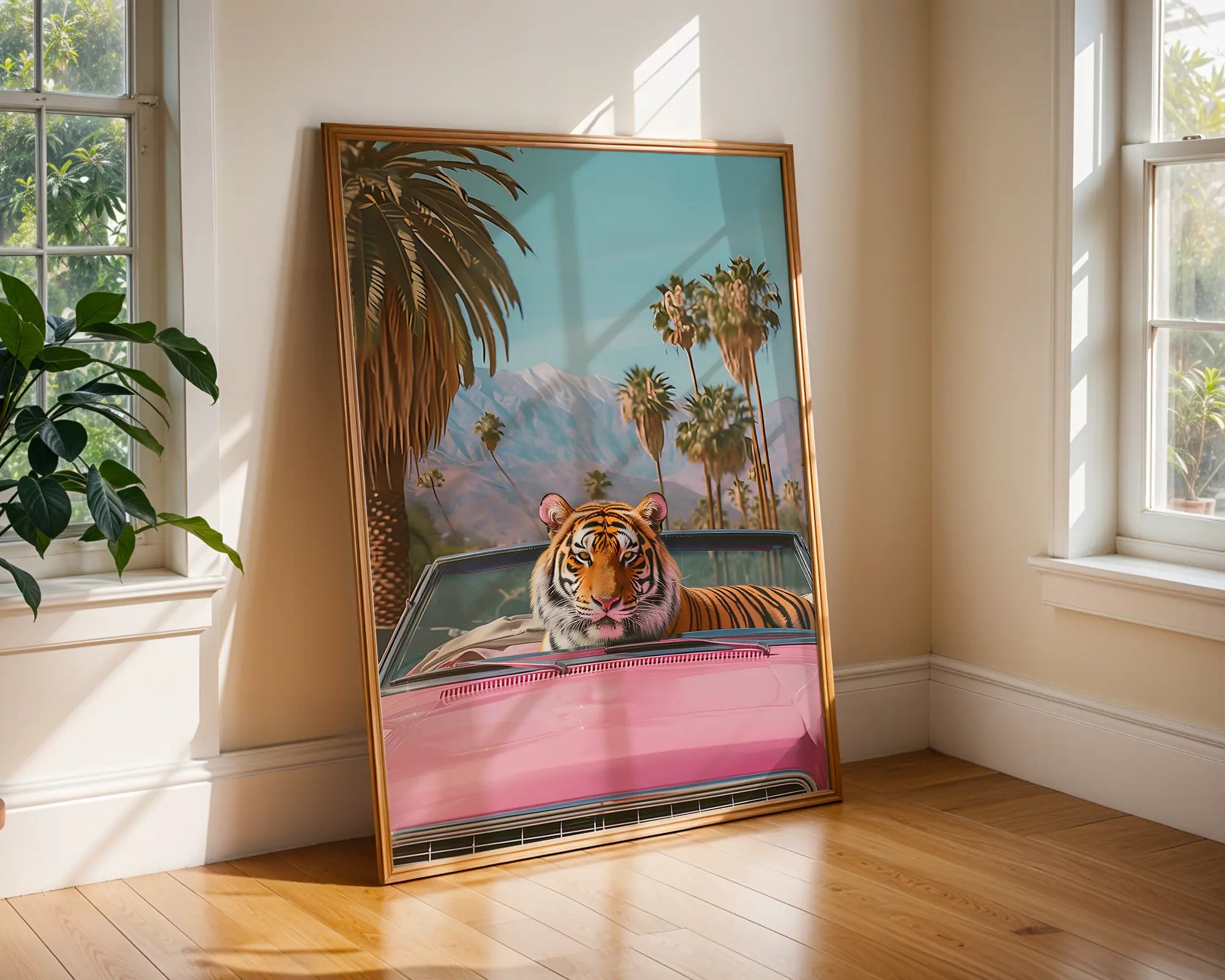 Colourful Prints | Retro Tiger Print | Pink Convertible, Palm Trees, Tropical Wall Art wall art print, modern home decor, unframed artwork by Nomad & Nest