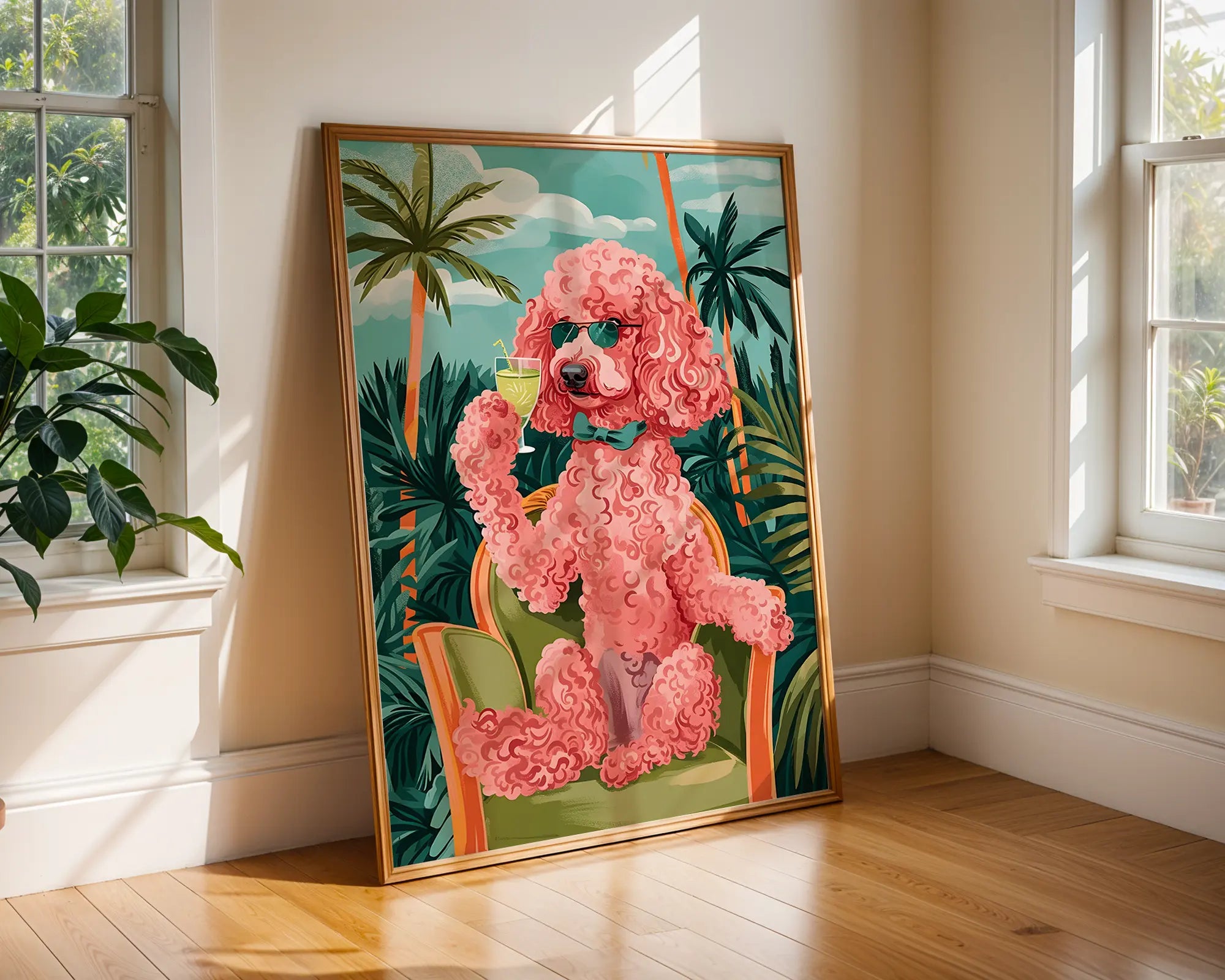 Colourful Prints | Pink Poodle Cocktail Art Print | Retro Tropical Dog Poster wall art print, modern home decor, unframed artwork by Nomad & Nest