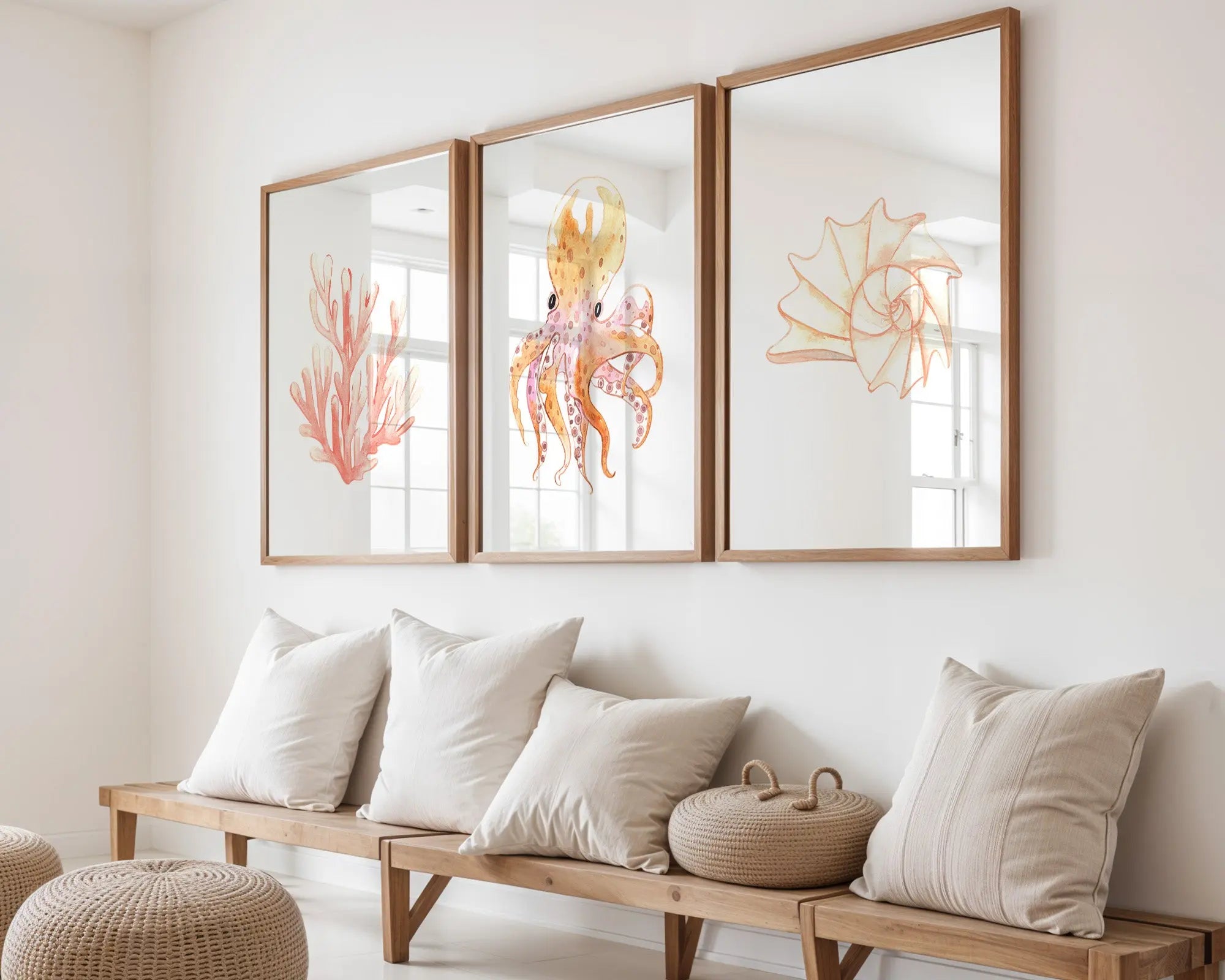 Colourful Prints | Octopus Coral Shell Watercolour Art Print Set | Coastal Marine Decor (Set of 3) wall art print, modern home decor, unframed artwork by Nomad & Nest