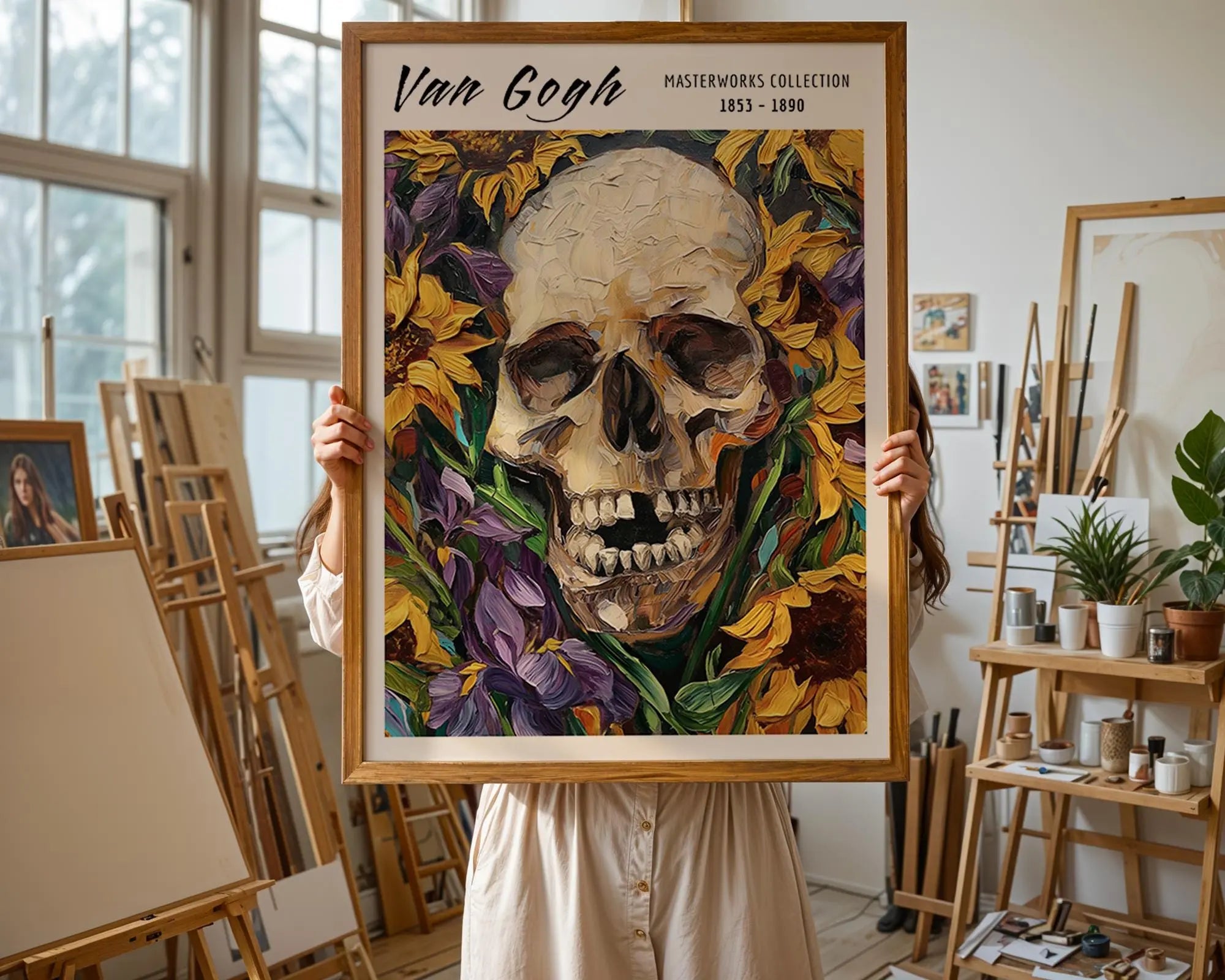 Van Gogh Print | Skull Art  | Gothic Sunflowers & Irises Poster wall art print, modern home decor, unframed artwork by Nomad & Nest