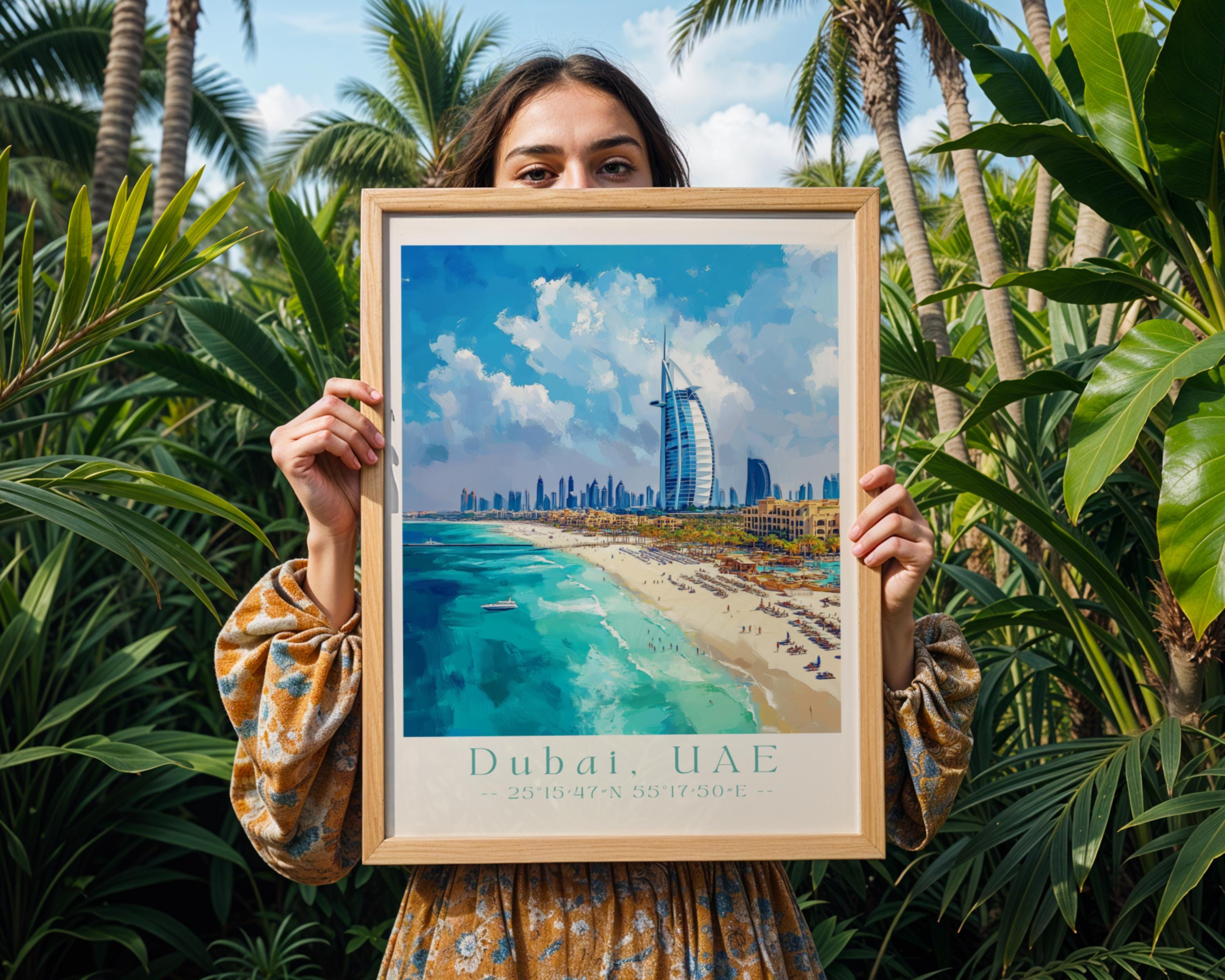 Dubai Skyline Art Print – Burj Al Arab, UAE Travel Poster wall art print, modern home decor, unframed artwork by Nomad & Nest
