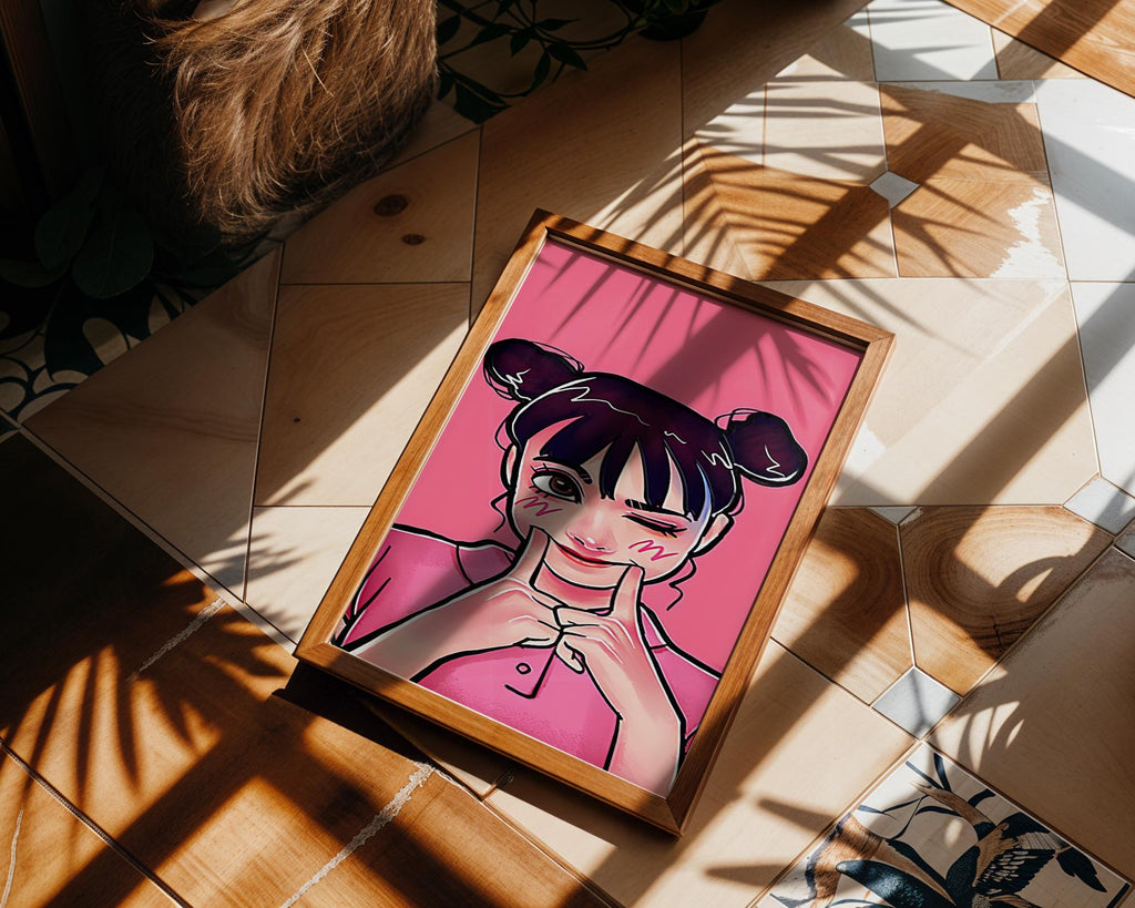 Modern Pop Art | Winking Girl  Poster | Kawaii Pink Cartoon Decor wall art print, modern home decor, unframed artwork by Nomad & Nest