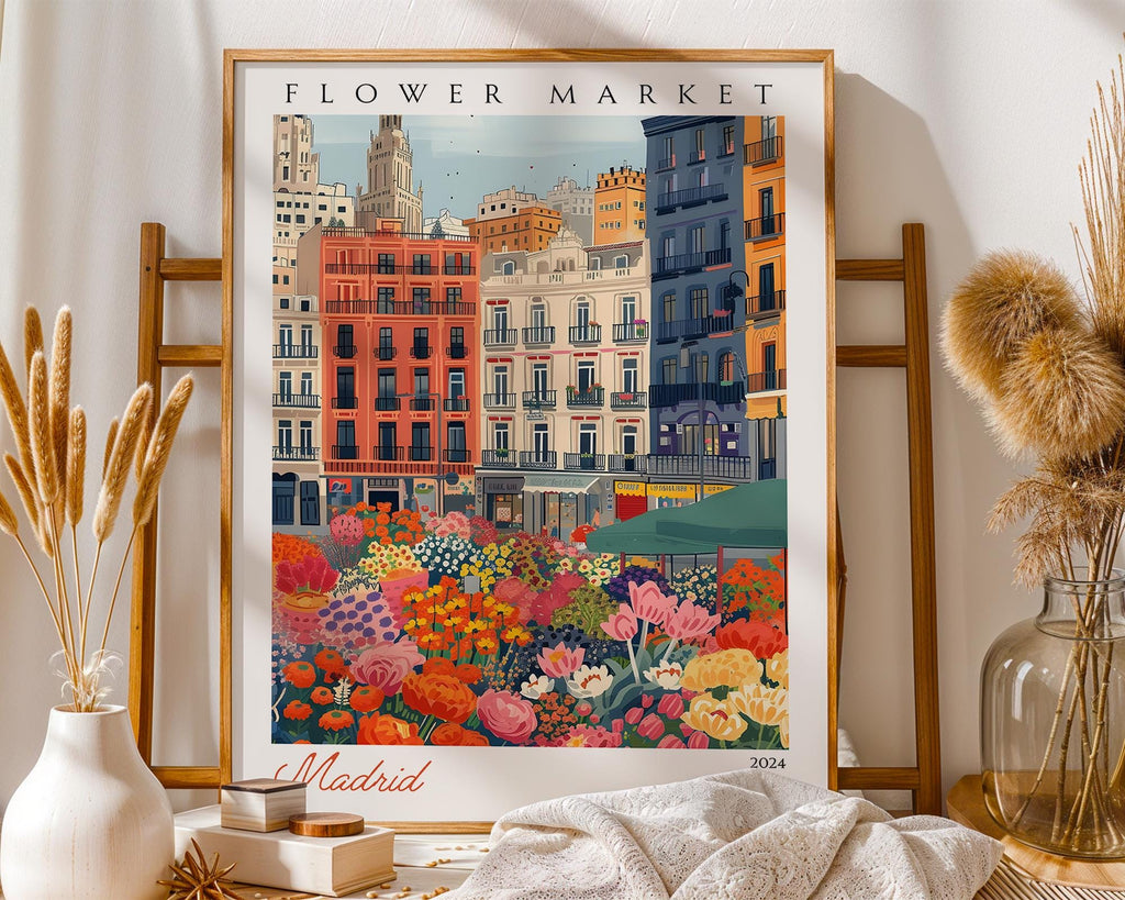 Madrid Flower Market Poster | Spanish Cityscape Travel Art wall art print, modern home decor, unframed artwork by Nomad & Nest