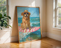 Colourful Prints | Surfer Golden Retriever Art Print | Beach House Coastal Decor wall art print, modern home decor, unframed artwork by Nomad & Nest