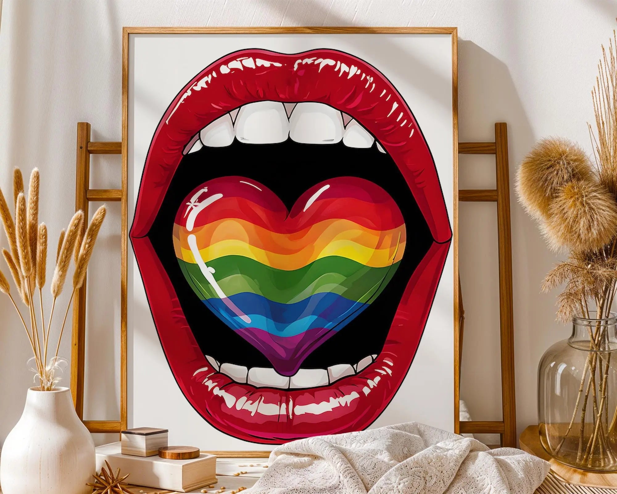 Positive Emotion | Rainbow Lips Wall Art | Pride Pop Art Print | Bold LGBTQ+ Statement Poster wall art print, modern home decor, unframed artwork by Nomad & Nest