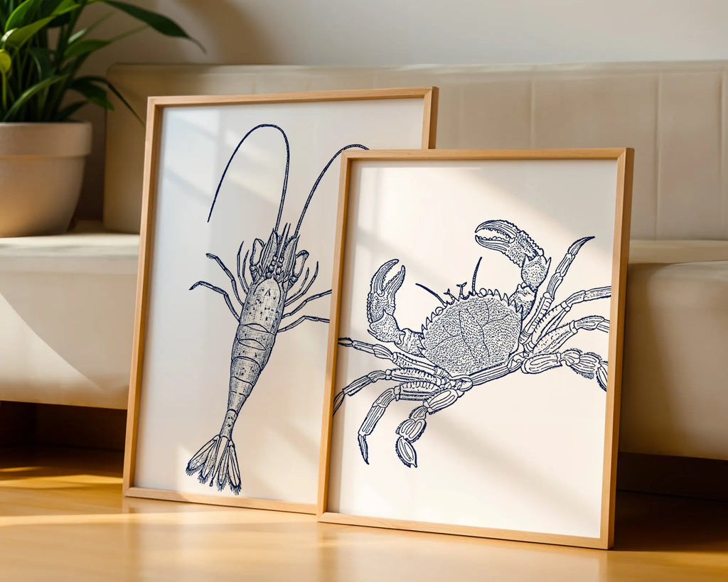 Colourful Prints | Nautical Lobster and Crab Art Prints | Coastal Marine Life Set (Set of 2) wall art print, modern home decor, unframed artwork by Nomad & Nest