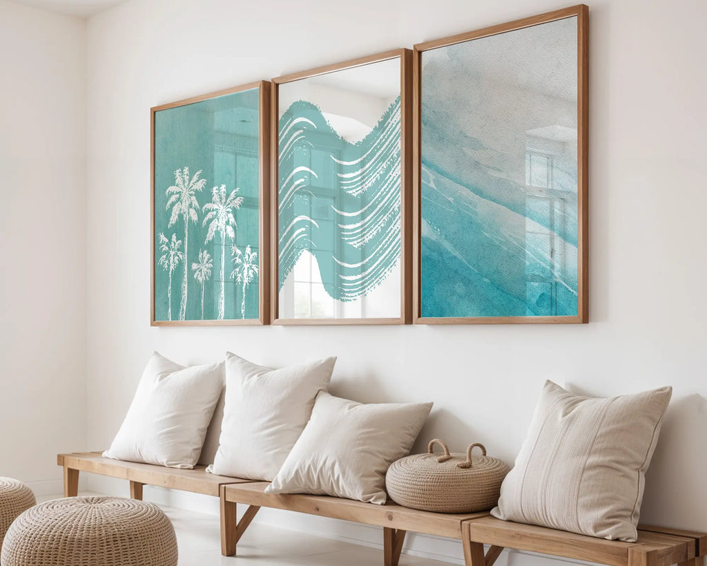 Colourful Prints | Coastal Palm Tree Print Set Ocean Waves, Boho Beach House Art (Set of 3) wall art print, modern home decor, unframed artwork by Nomad & Nest