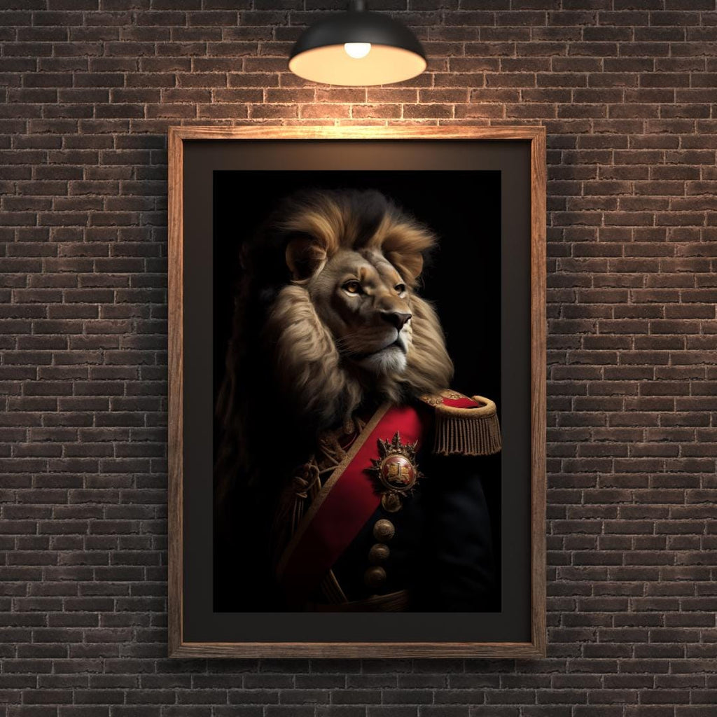 Majestic Lion Portrait Print | Regal Animal in Military Uniform wall art print, modern home decor, unframed artwork by Nomad & Nest