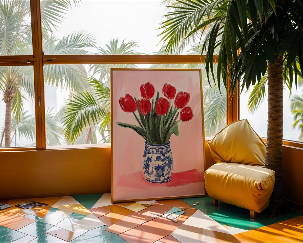 Red Tulips Print | Chinoiserie Vase, Floral Kitchen Art wall art print, modern home decor, unframed artwork by Nomad & Nest