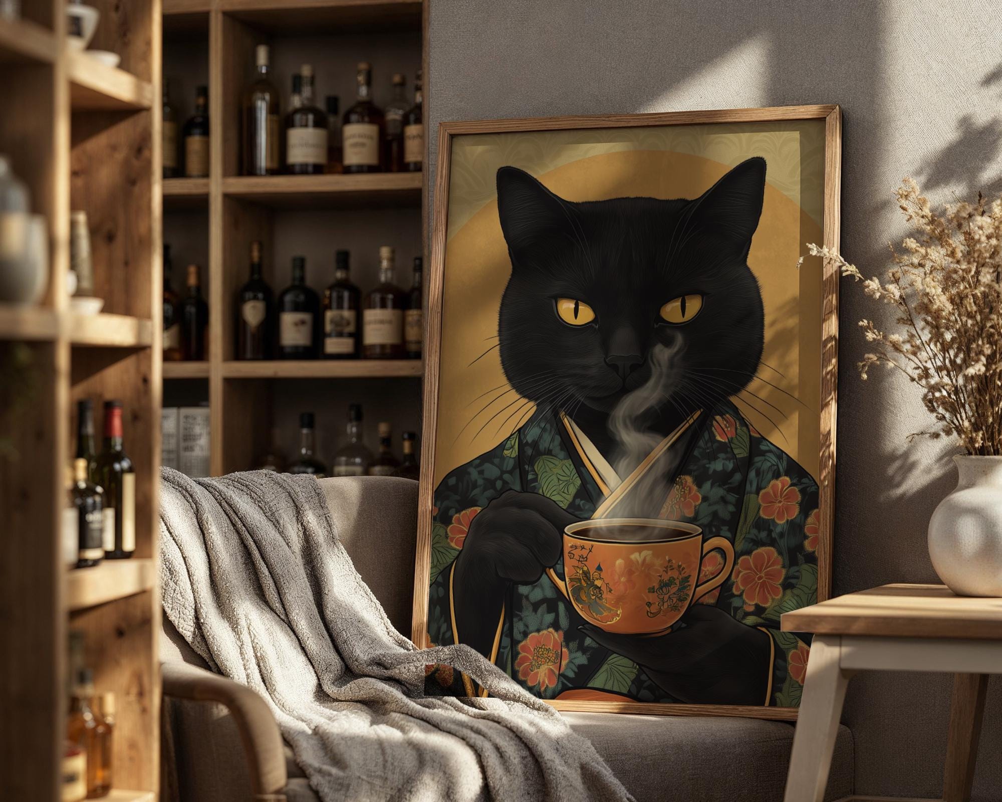 Japanese Poster | Black Cat Kimono Print – Vintage Feline Coffee wall art print, modern home decor, unframed artwork by Nomad & Nest