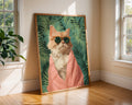 Colourful Prints | Tropical Ginger Cat Art Print | Funny Pink Towel, Palm Leaf Decor wall art print, modern home decor, unframed artwork by Nomad & Nest