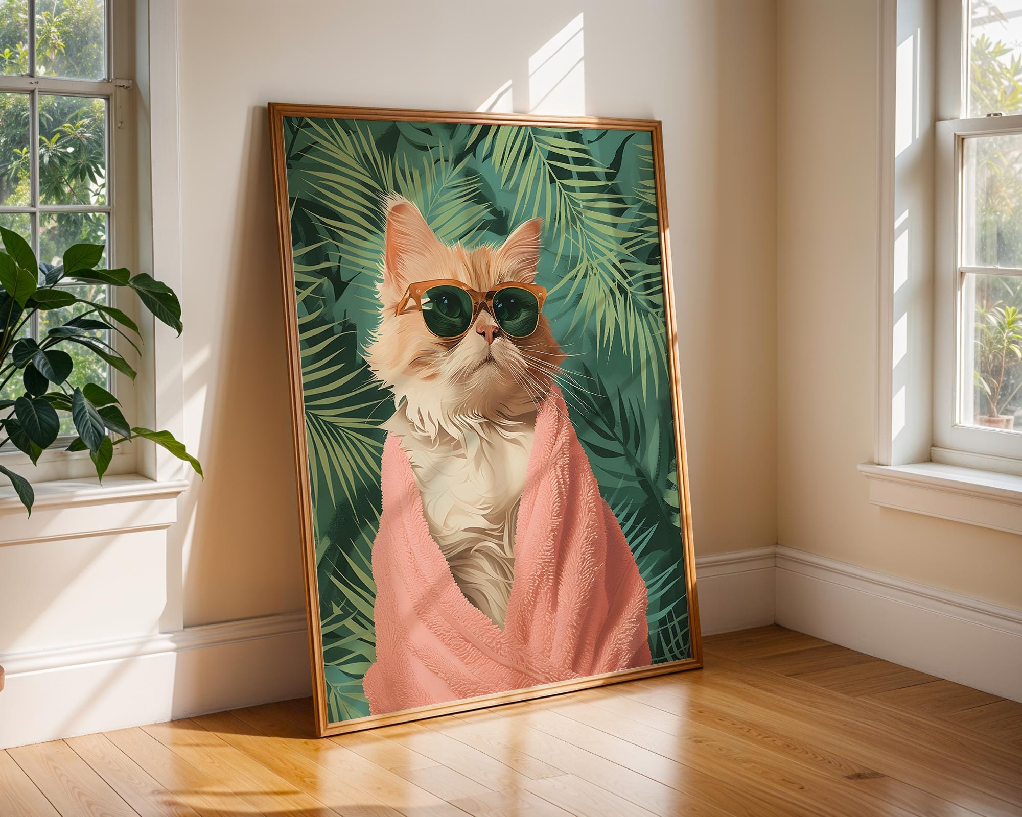 Colourful Prints | Tropical Ginger Cat Art Print | Funny Pink Towel, Palm Leaf Decor wall art print, modern home decor, unframed artwork by Nomad & Nest