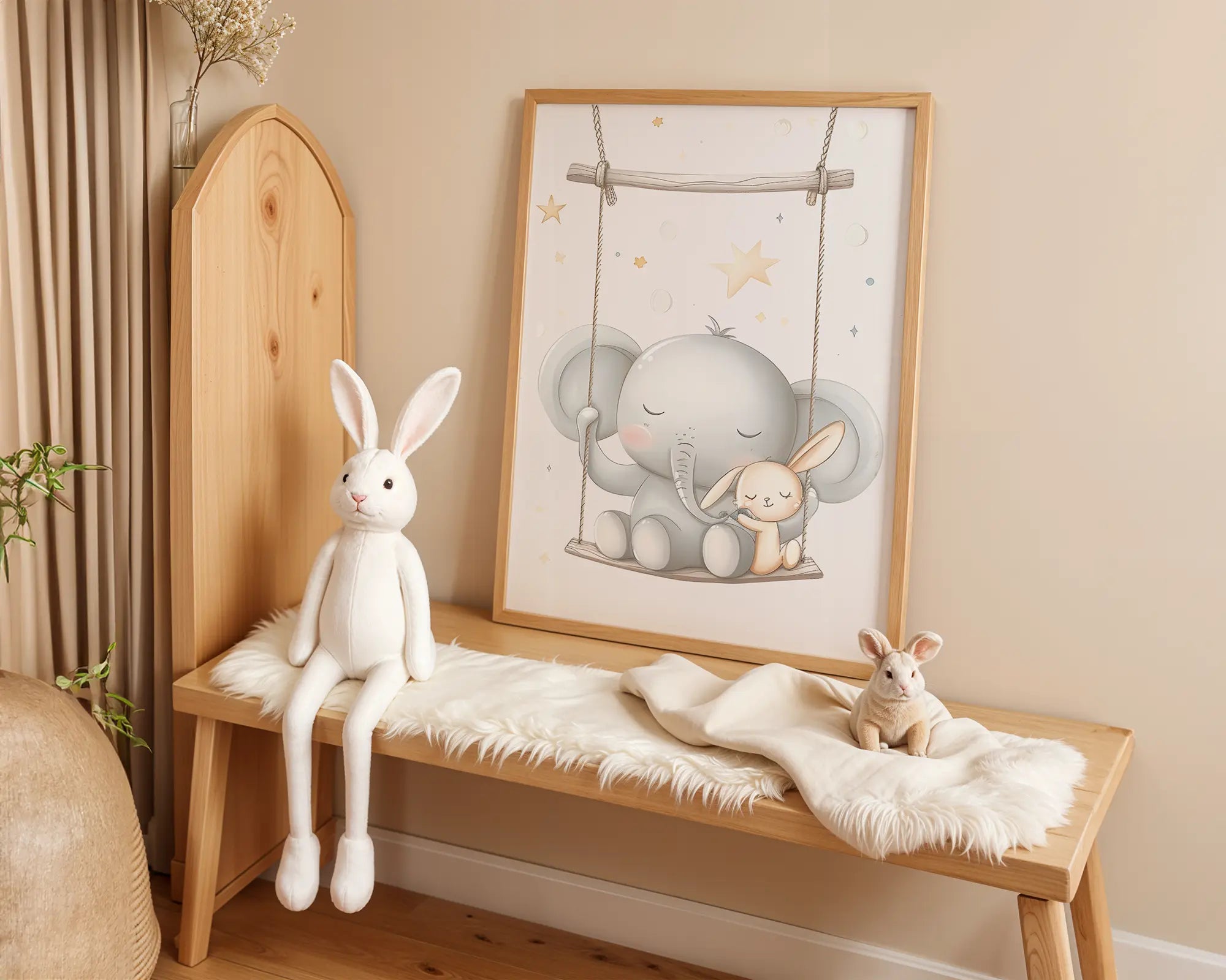 Playroom Ideas | Elephant Swing Nursery Art | Neutral Safari Baby Print wall art print, modern home decor, unframed artwork by Nomad & Nest