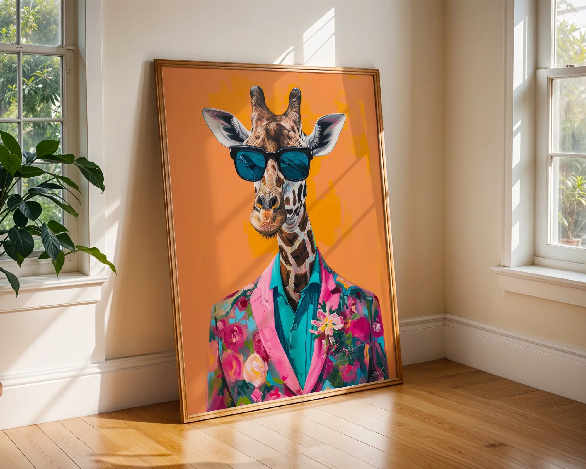 Colourful Prints | Giraffe in Floral Suit Art Print | Quirky Animal Portrait wall art print, modern home decor, unframed artwork by Nomad & Nest