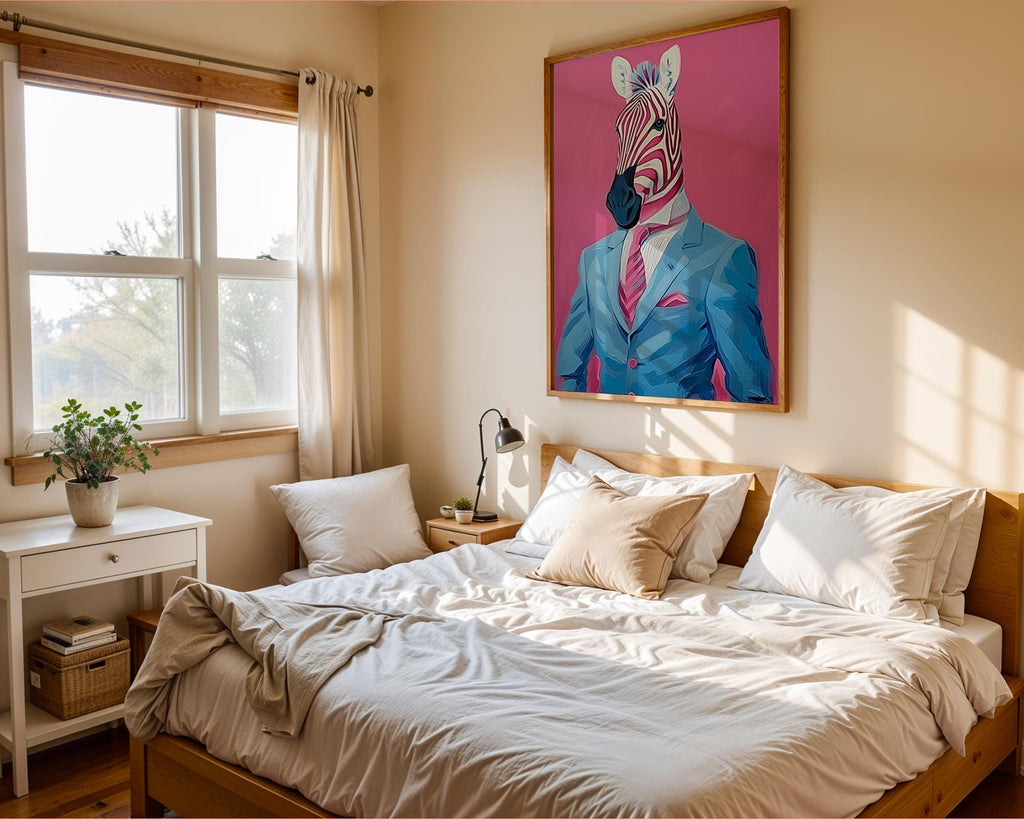 Colourful Prints | Zebra in Suit Art Print | Quirky Animal Portrait, Pink Jungle wall art print, modern home decor, unframed artwork by Nomad & Nest