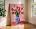 Colourful Prints | Red Tulips Print | Pink Botanical Art, Blue Vase Poster wall art print, modern home decor, unframed artwork by Nomad & Nest