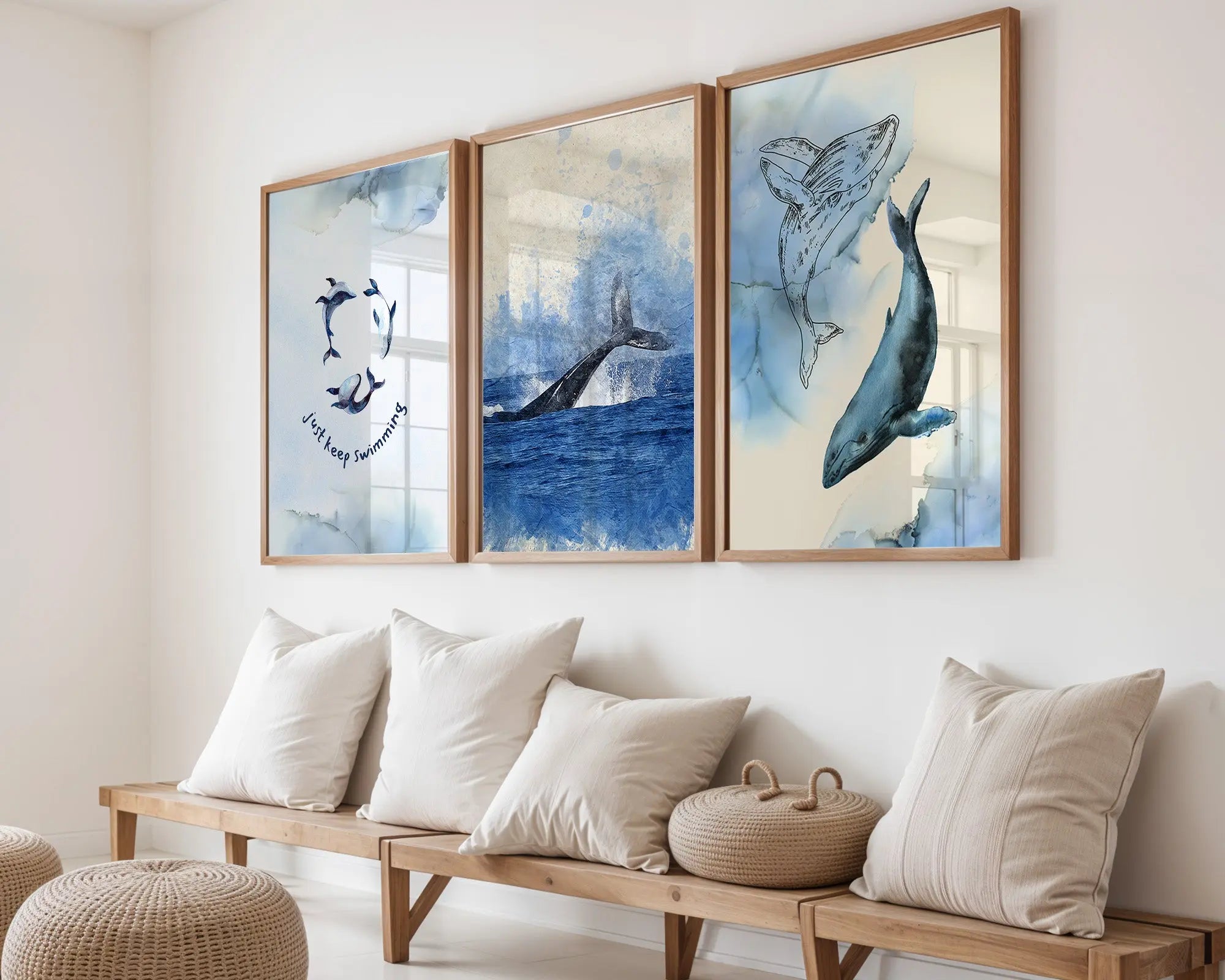 Colourful Prints | Whale and Dolphin Art, Blue Ocean Nursery Decor, Set of 3 wall art print, modern home decor, unframed artwork by Nomad & Nest