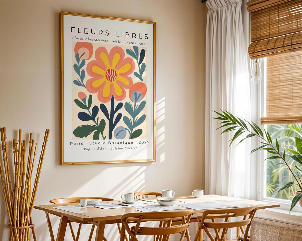 Yellow Flower Print | Abstract Botanical Art, Peach Coral Accents wall art print, modern home decor, unframed artwork by Nomad & Nest