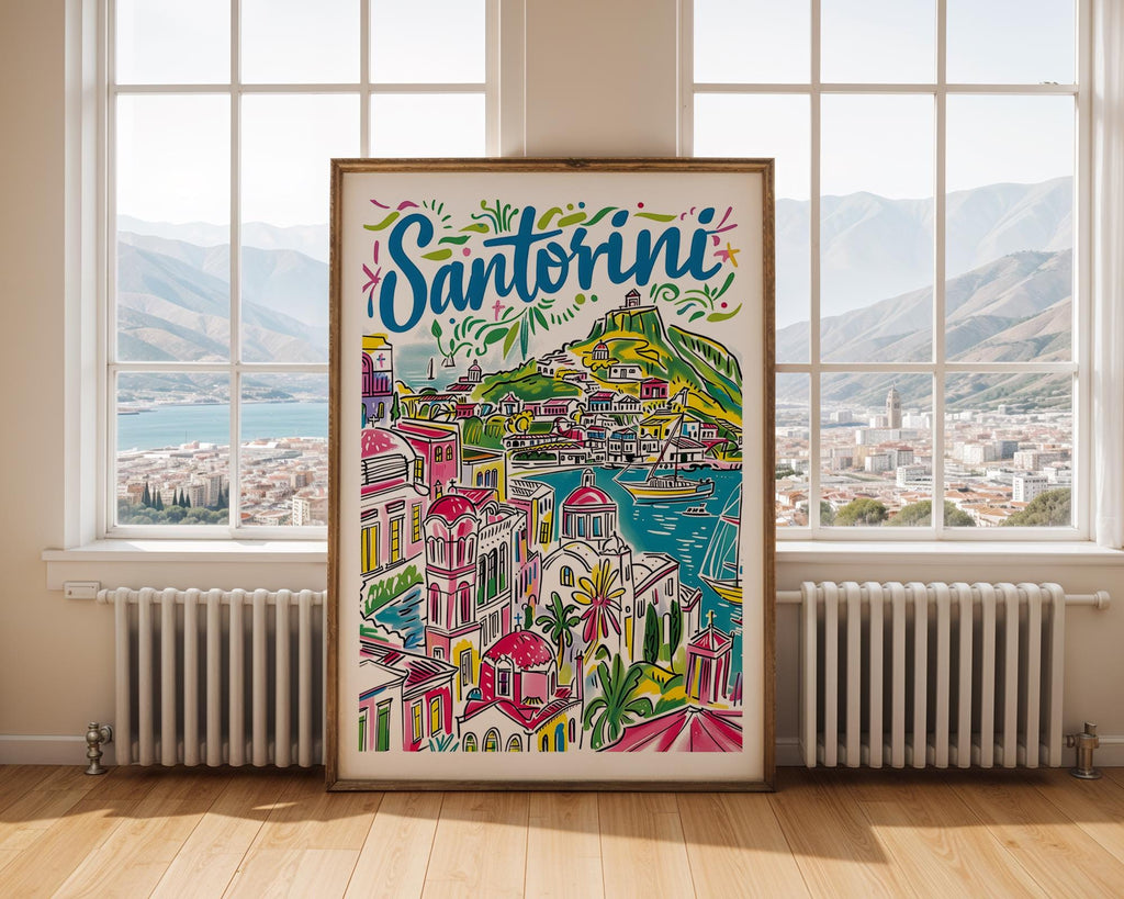 Santorini Greece Art Print | Hand-Drawn Cityscape Travel Poster wall art print, modern home decor, unframed artwork by Nomad & Nest