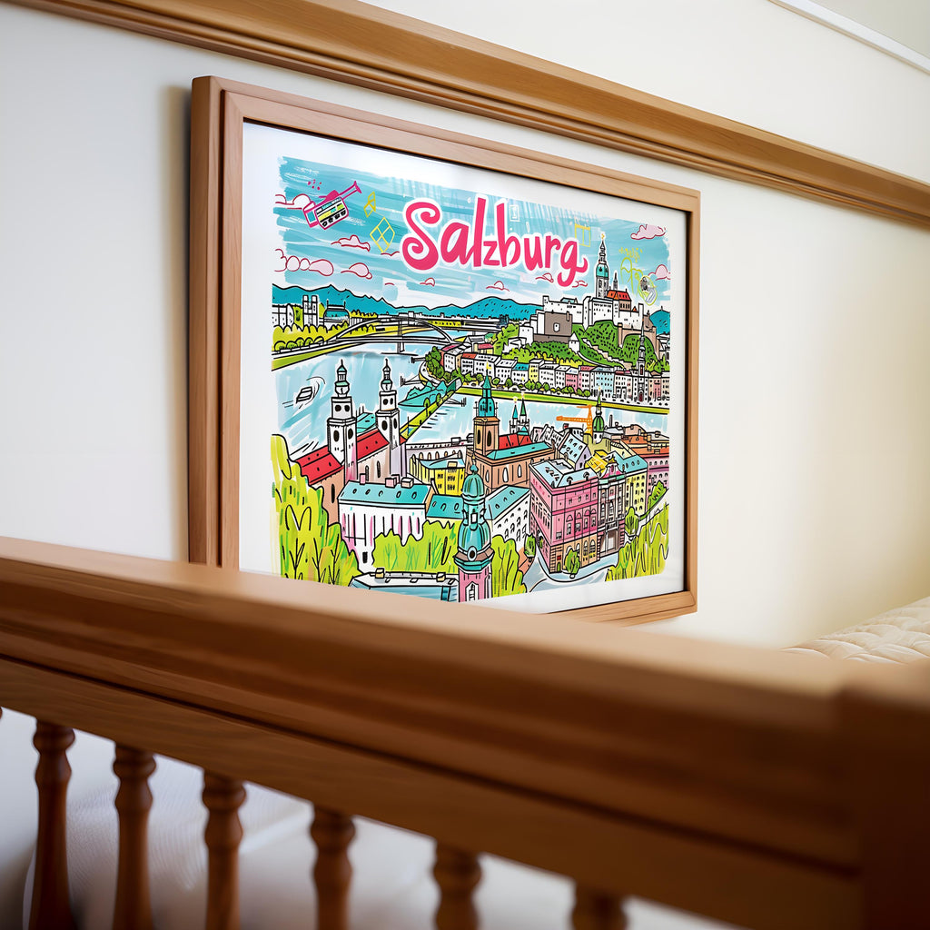 Salzburg Austria Travel Poster | Colorful European Cityscape Art Print wall art print, modern home decor, unframed artwork by Nomad & Nest