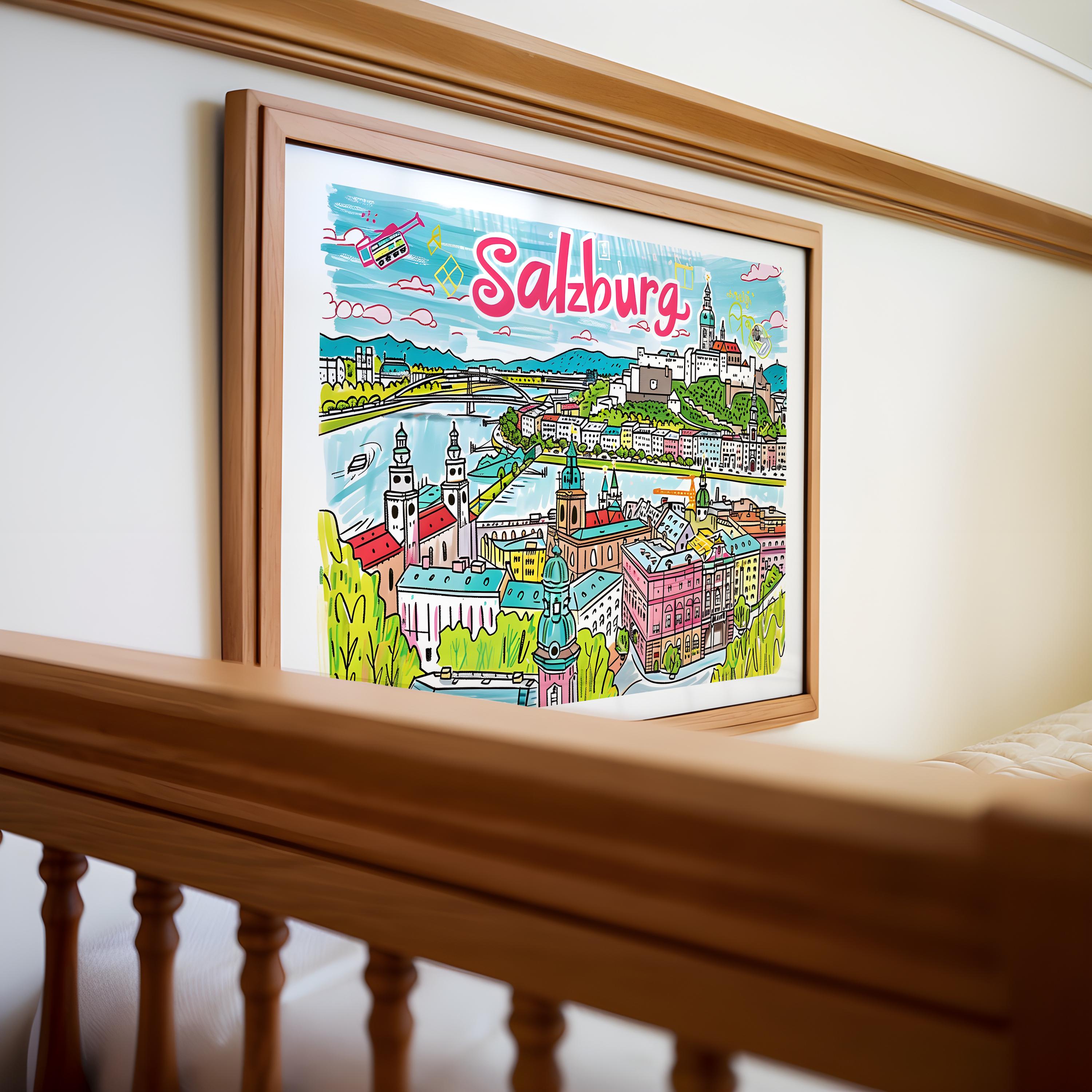 Salzburg Austria Travel Poster | Colorful European Cityscape Art Print wall art print, modern home decor, unframed artwork by Nomad & Nest