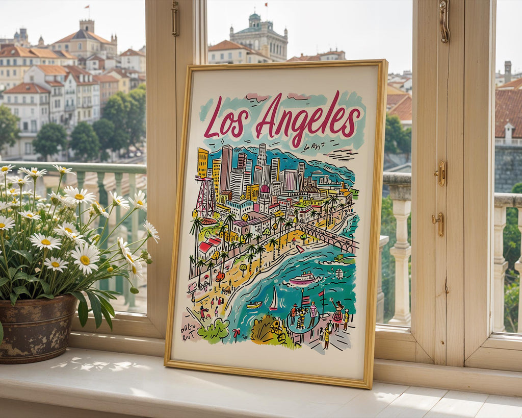Los Angeles Cityscape Poster | Colorful, Hand-Drawn LA Travel Print wall art print, modern home decor, unframed artwork by Nomad & Nest