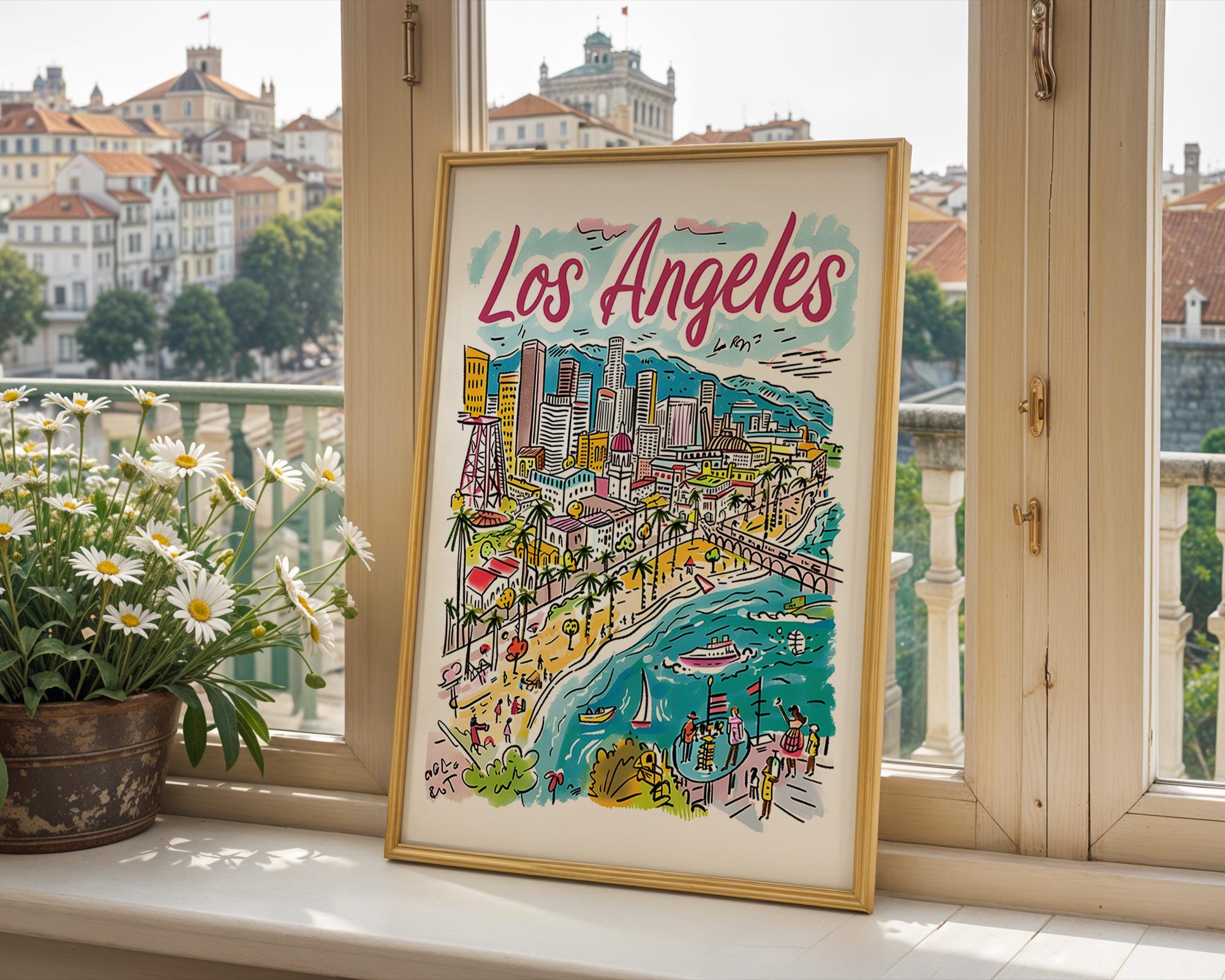 Los Angeles Cityscape Poster | Colorful, Hand-Drawn LA Travel Print wall art print, modern home decor, unframed artwork by Nomad & Nest