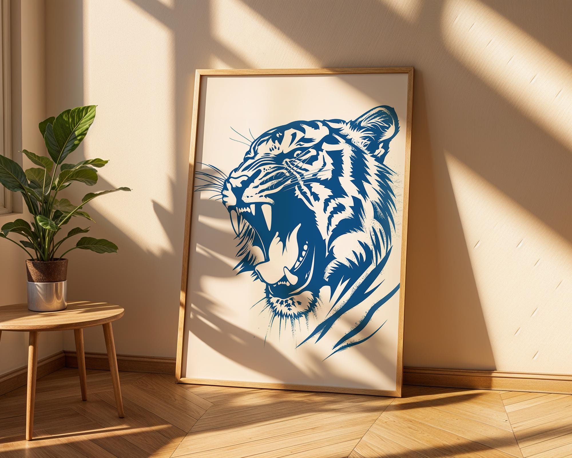 Deep Blue Roaring Tiger Print, Bold Animal Poster wall art print, modern home decor, unframed artwork by Nomad & Nest