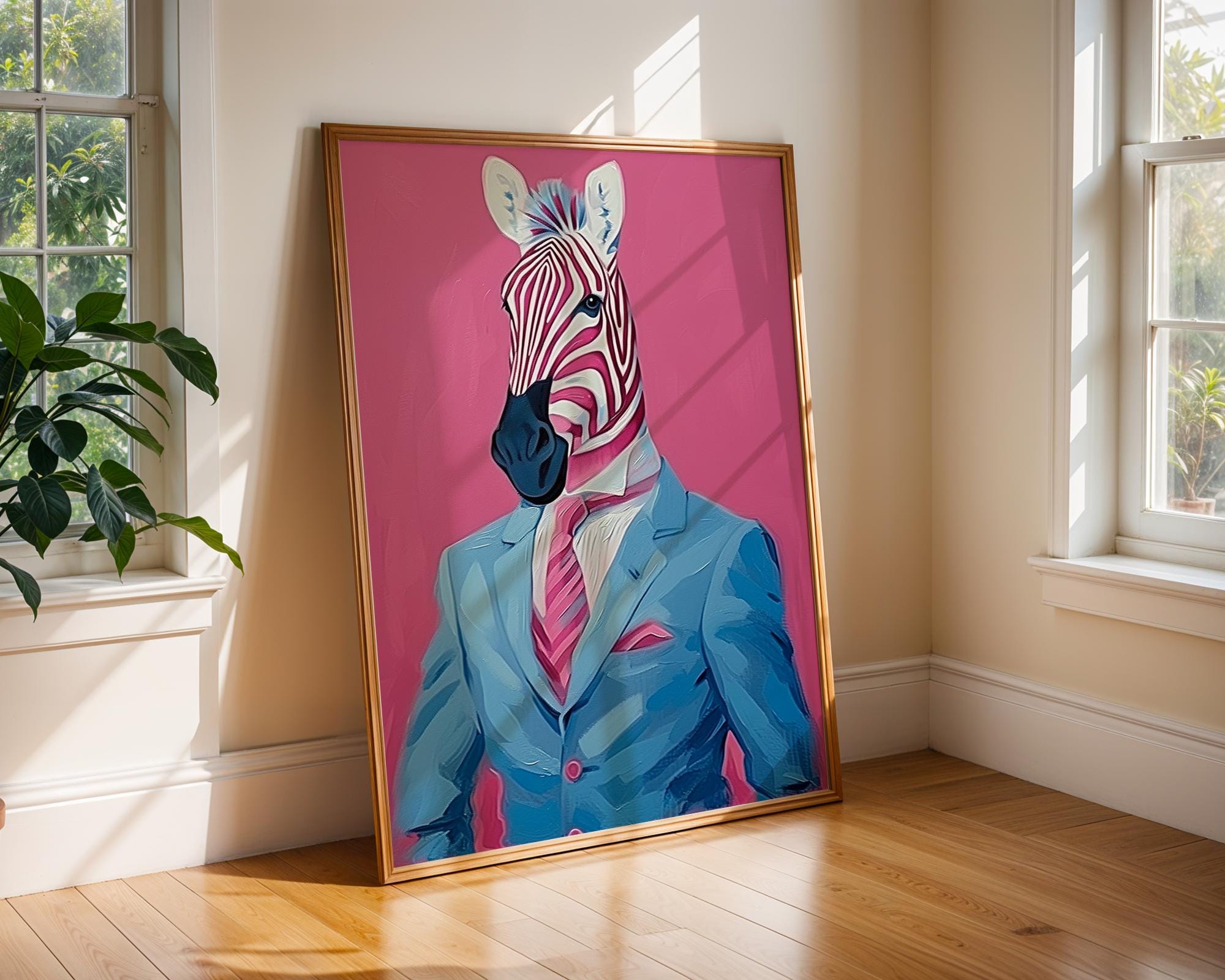 Colourful Prints | Zebra in Suit Art Print | Quirky Animal Portrait, Pink Jungle wall art print, modern home decor, unframed artwork by Nomad & Nest