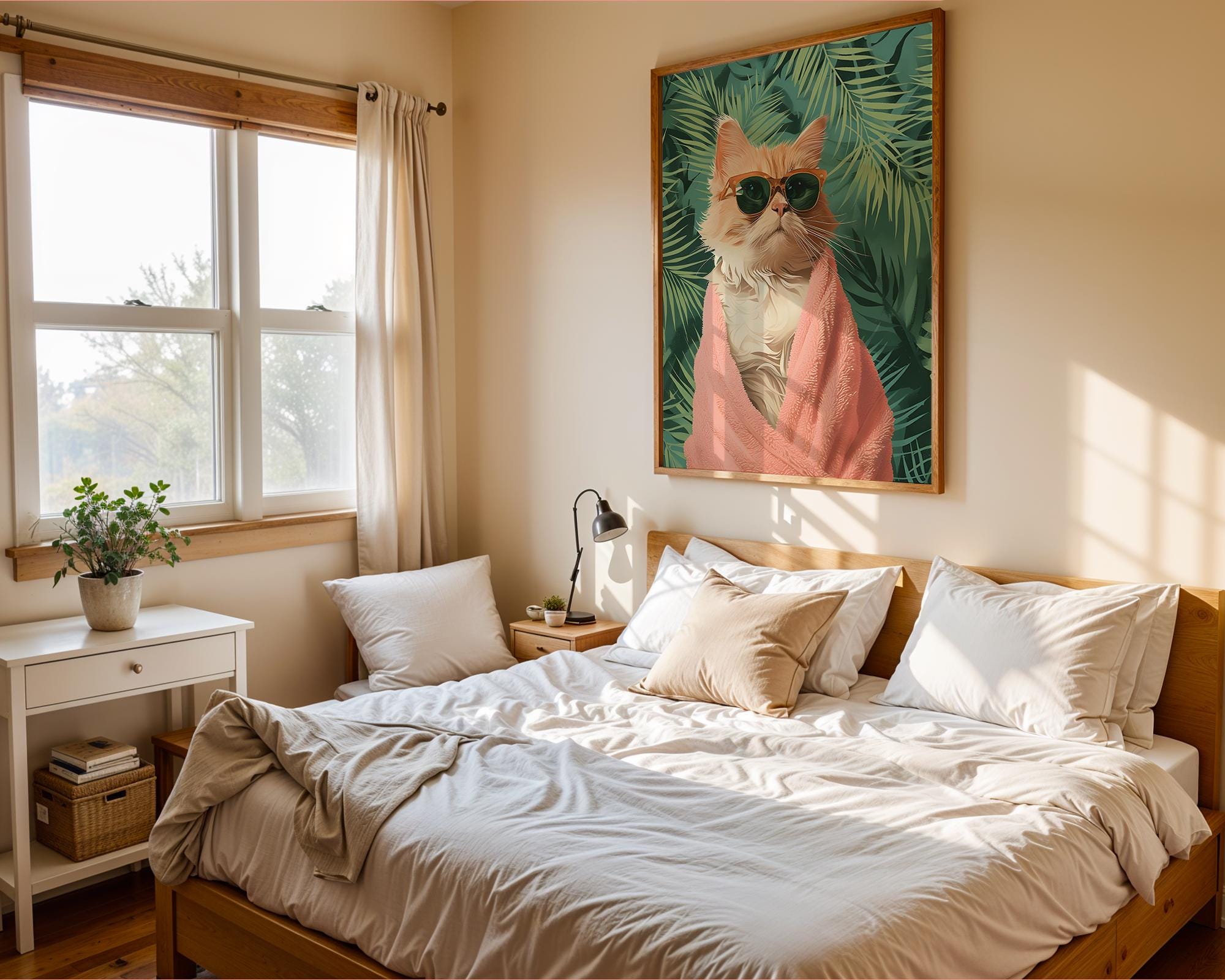 Colourful Prints | Tropical Ginger Cat Art Print | Funny Pink Towel, Palm Leaf Decor wall art print, modern home decor, unframed artwork by Nomad & Nest