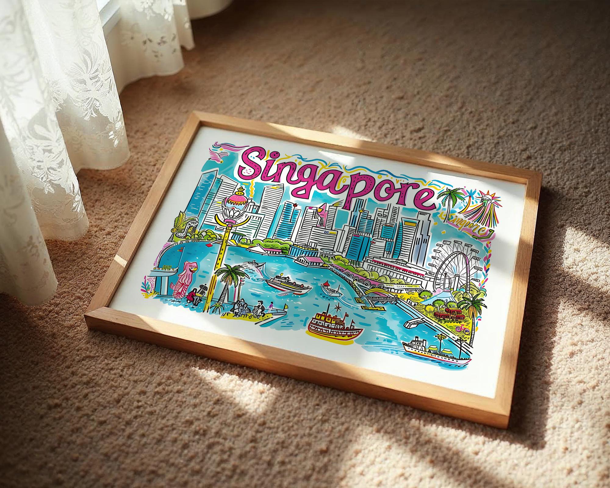 Singapore Cityscape Poster | Colorful Travel Art Print wall art print, modern home decor, unframed artwork by Nomad & Nest