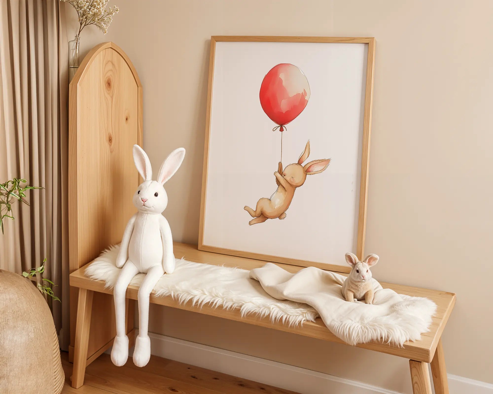 Playroom Ideas | Bunny Balloon Nursery Wall Art | Neutral Woodland Baby Print wall art print, modern home decor, unframed artwork by Nomad & Nest