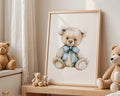 Playroom Ideas | Blue Bow Teddy Bear Nursery Art – Classic Baby Room Print wall art print, modern home decor, unframed artwork by Nomad & Nest