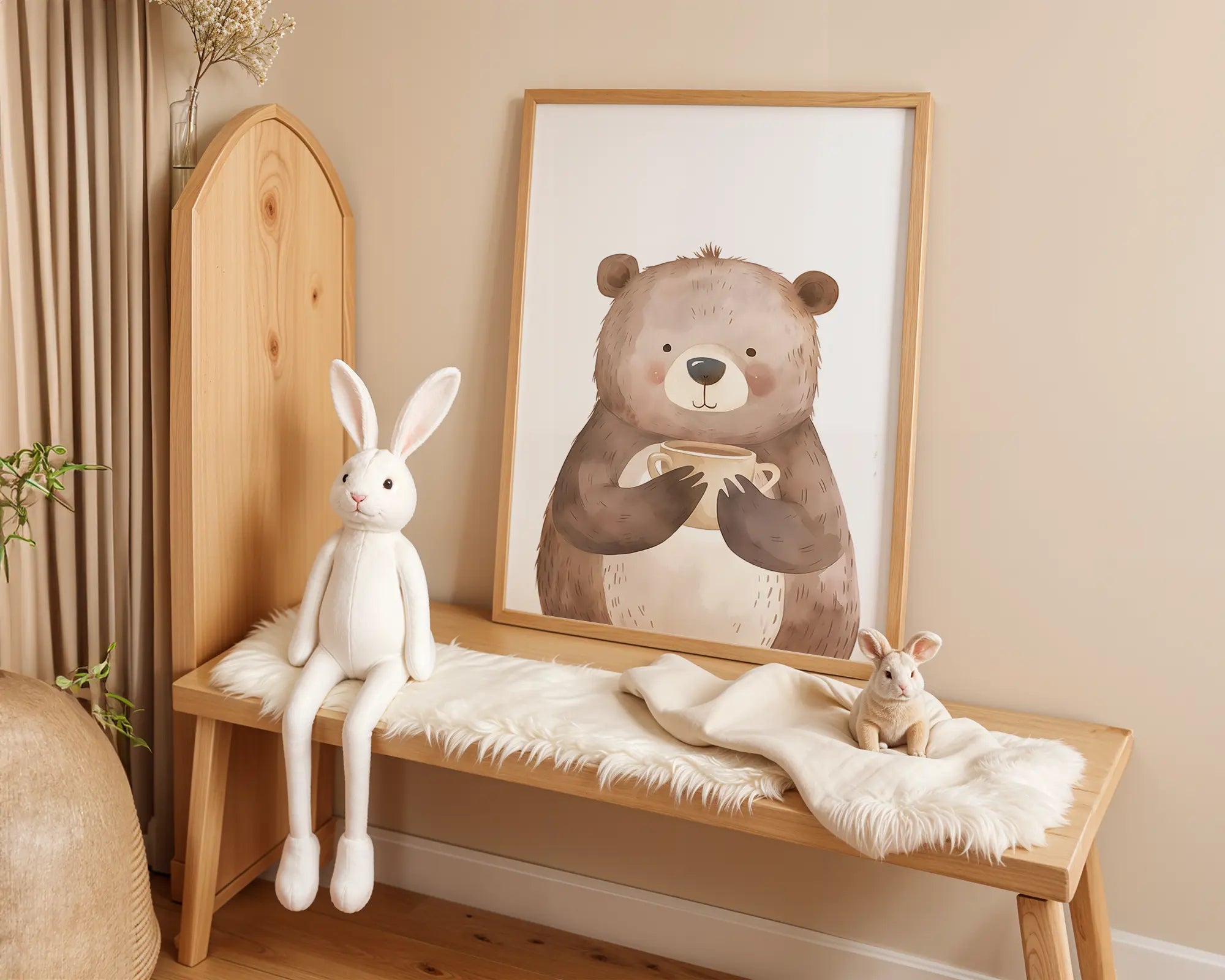 Playroom Ideas | Bear With Cup Nursery Wall Art | Cozy Woodland Baby Print wall art print, modern home decor, unframed artwork by Nomad & Nest