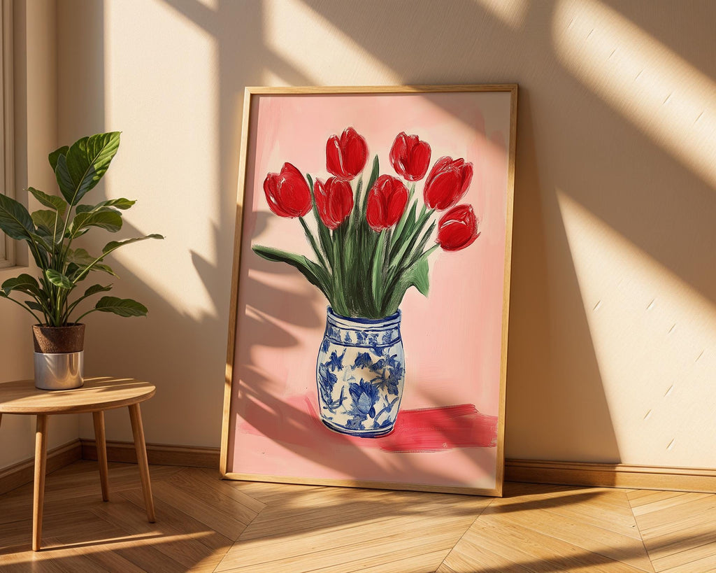 Red Tulips Print | Chinoiserie Vase, Floral Kitchen Art wall art print, modern home decor, unframed artwork by Nomad & Nest