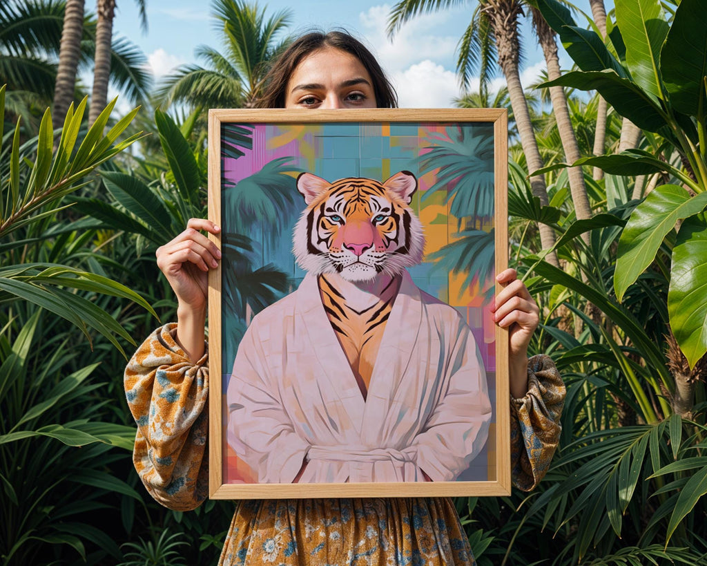 Tiger in Robe Art Print | Quirky Animal Poster wall art print, modern home decor, unframed artwork by Nomad & Nest