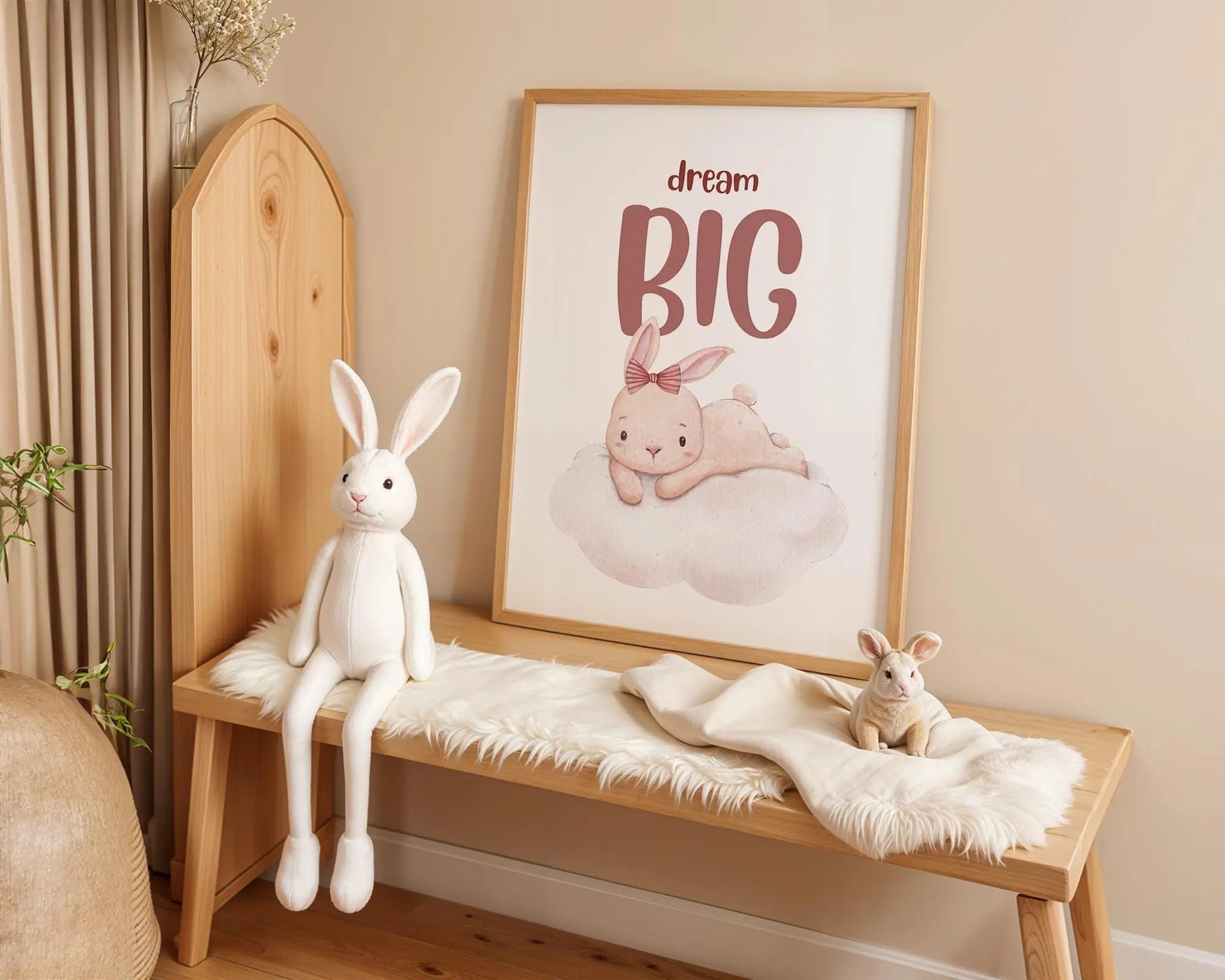 Playroom Ideas | Dream Big Bunny Nursery Wall Art | Soft Boho Cloud Print wall art print, modern home decor, unframed artwork by Nomad & Nest