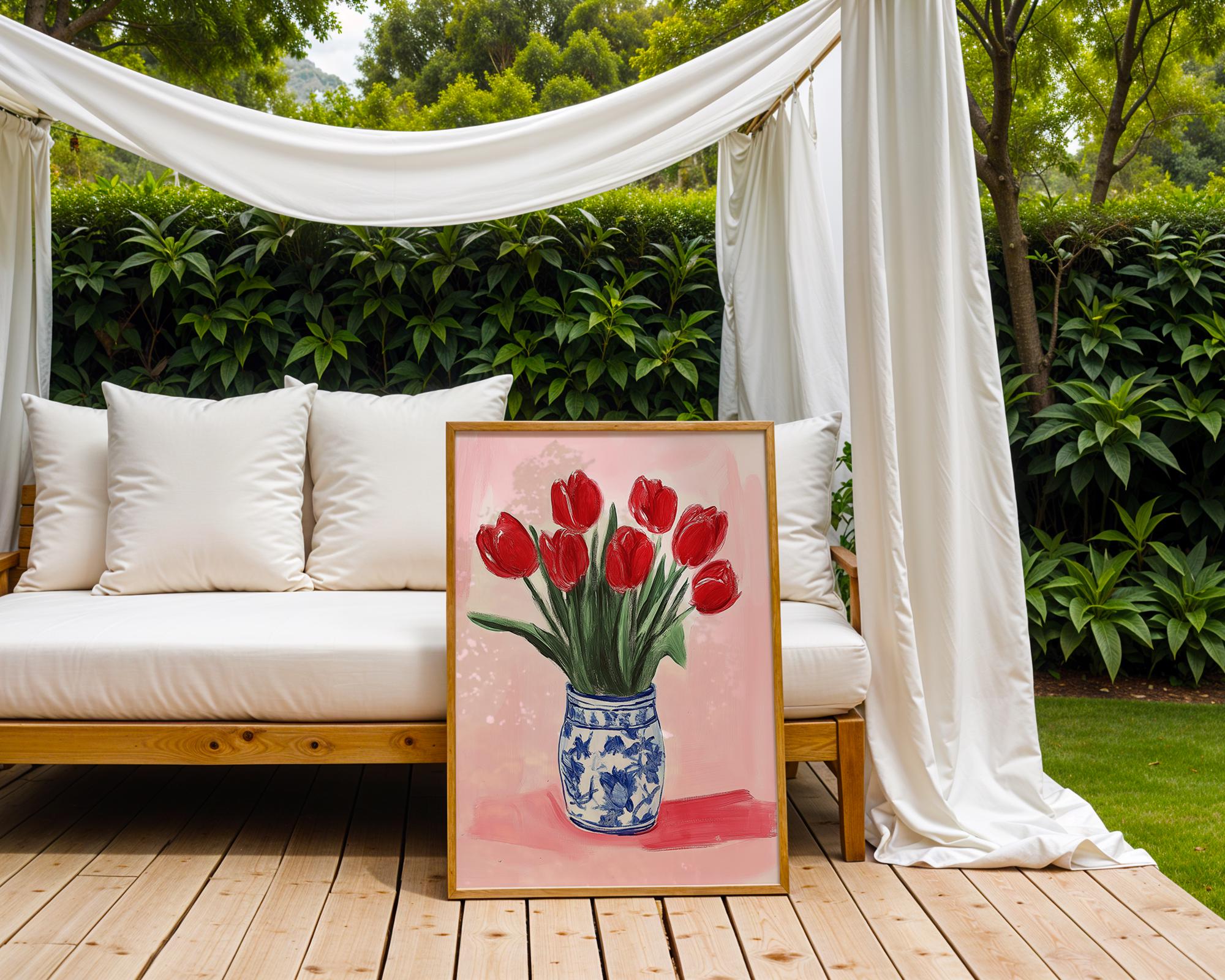 Red Tulips Print | Chinoiserie Vase, Floral Kitchen Art wall art print, modern home decor, unframed artwork by Nomad & Nest