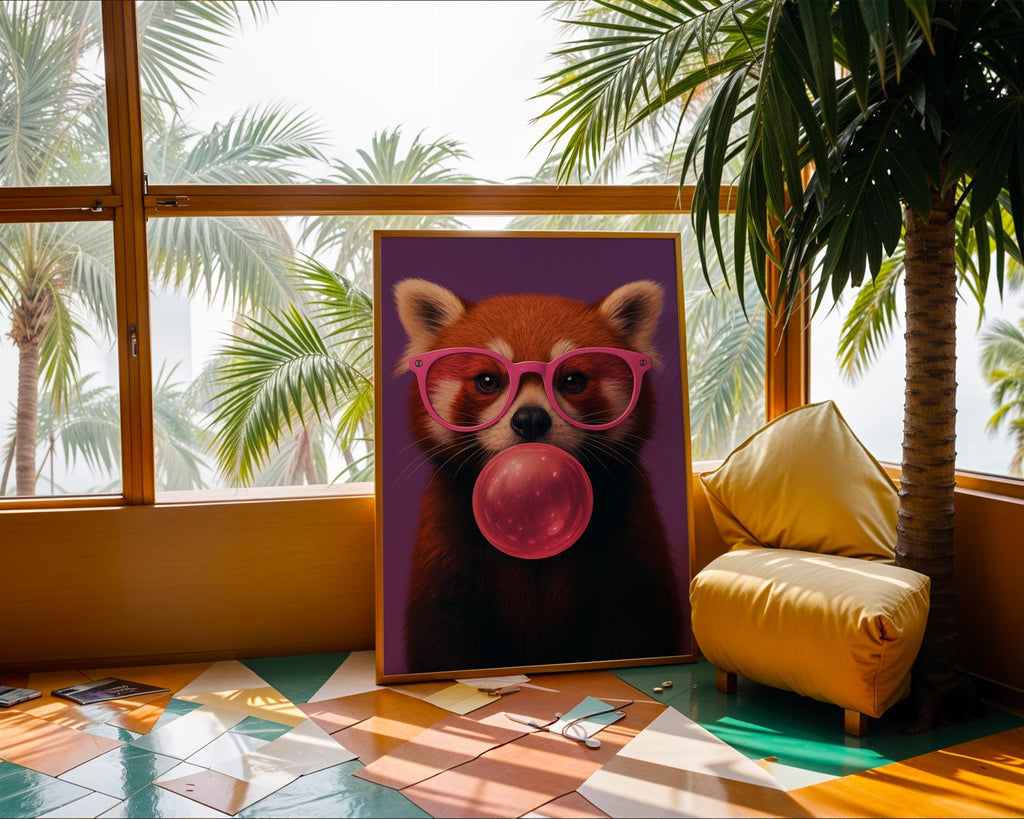 Colourful Prints | Red Panda Bubblegum Print | Funky Animal Wall Art wall art print, modern home decor, unframed artwork by Nomad & Nest