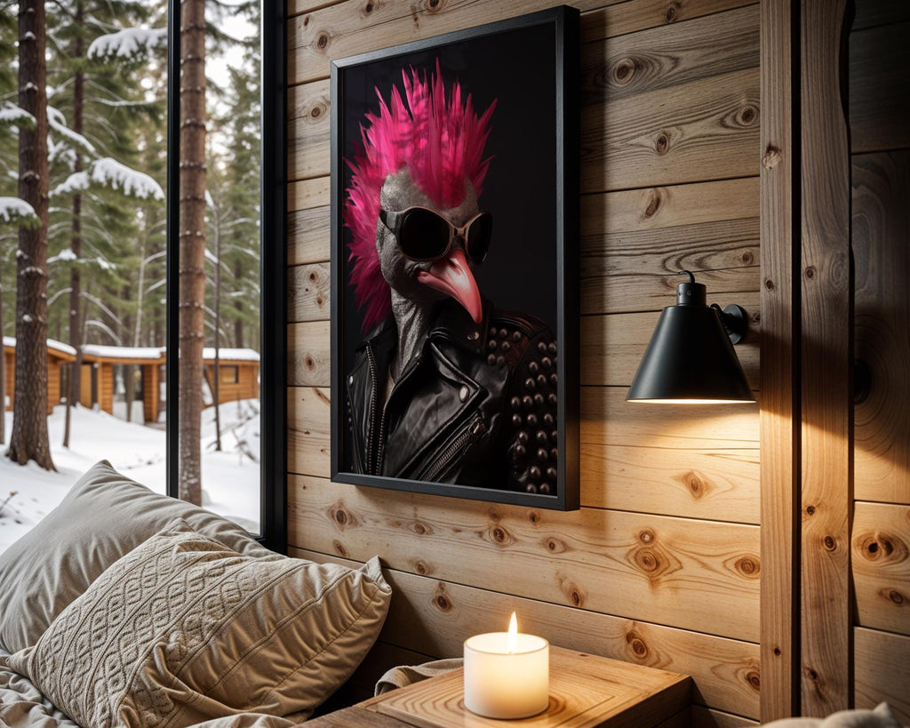 Punk Flamingo Art Print | Pink Mohawk, Studded Leather Jacket wall art print, modern home decor, unframed artwork by Nomad & Nest