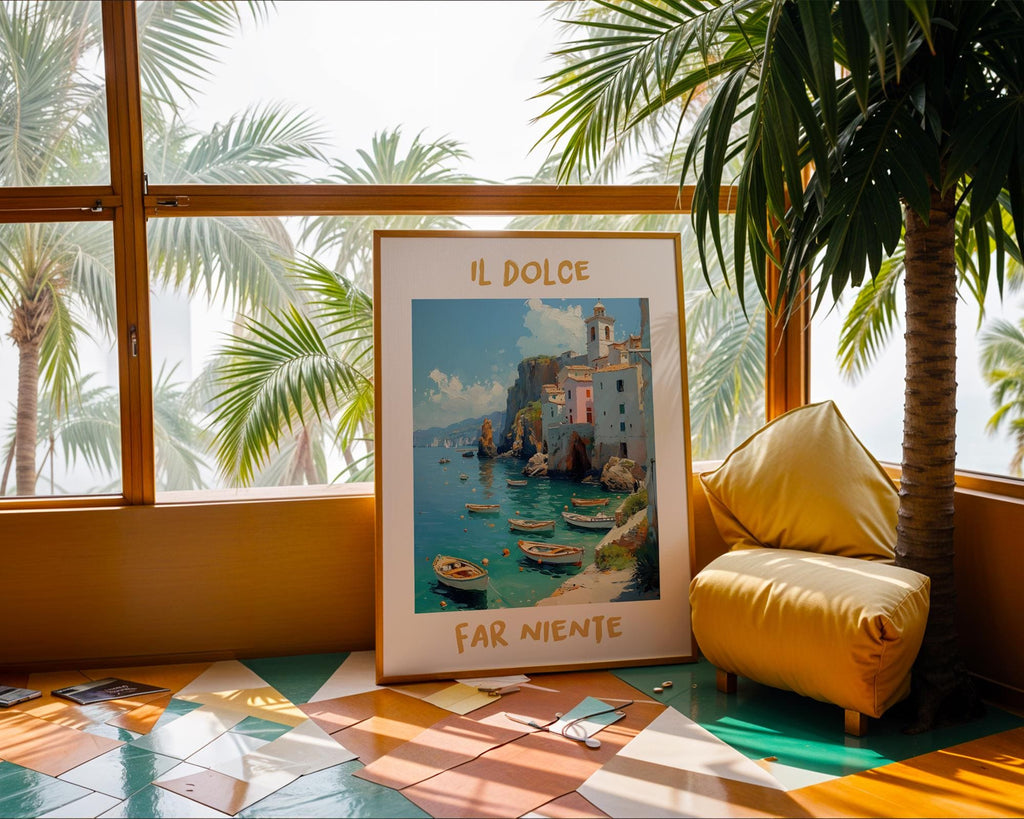 Colourful Prints | Il Dolce Far Niente Print | Italian Coastal Art, Boat Painting wall art print, modern home decor, unframed artwork by Nomad & Nest