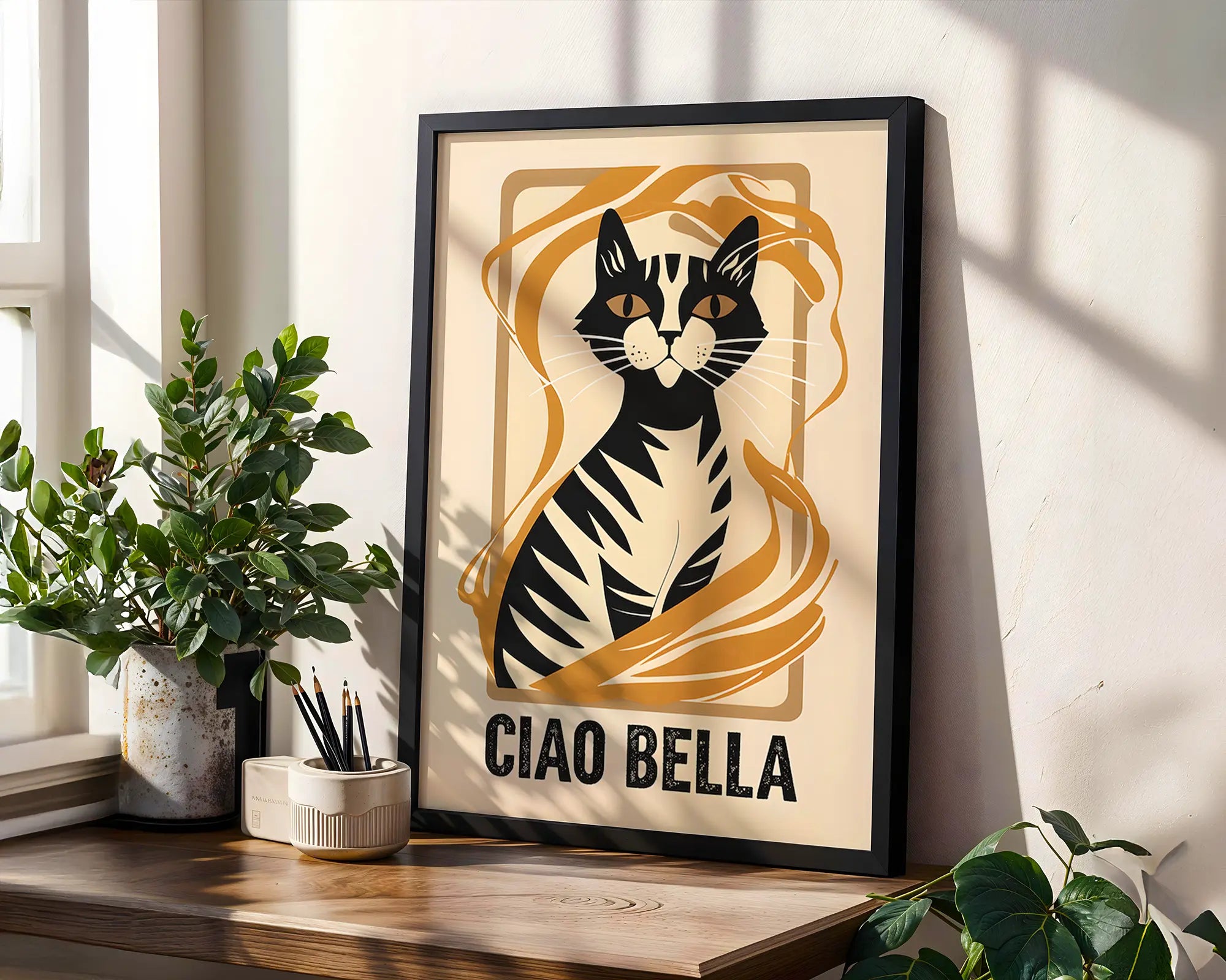 Positive Emotion | Ciao Bella Cat Wall Art | Italian Inspired Illustration | Modern Animal Decor | Playful Statement Print wall art print, modern home decor, unframed artwork by Nomad & Nest