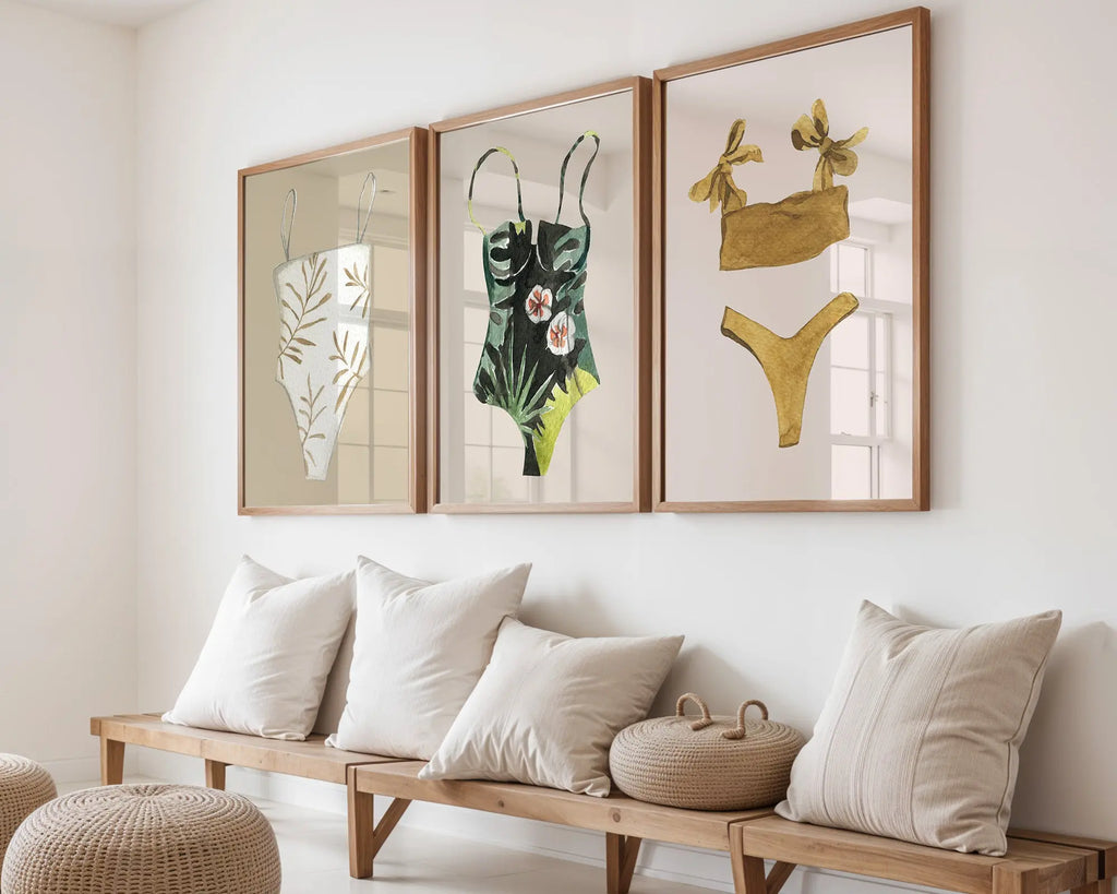 Colourful Prints | Swimsuit Art Print Set, Summer Fashion, Beach Bathroom DŽcor (Set of 3) wall art print, modern home decor, unframed artwork by Nomad & Nest